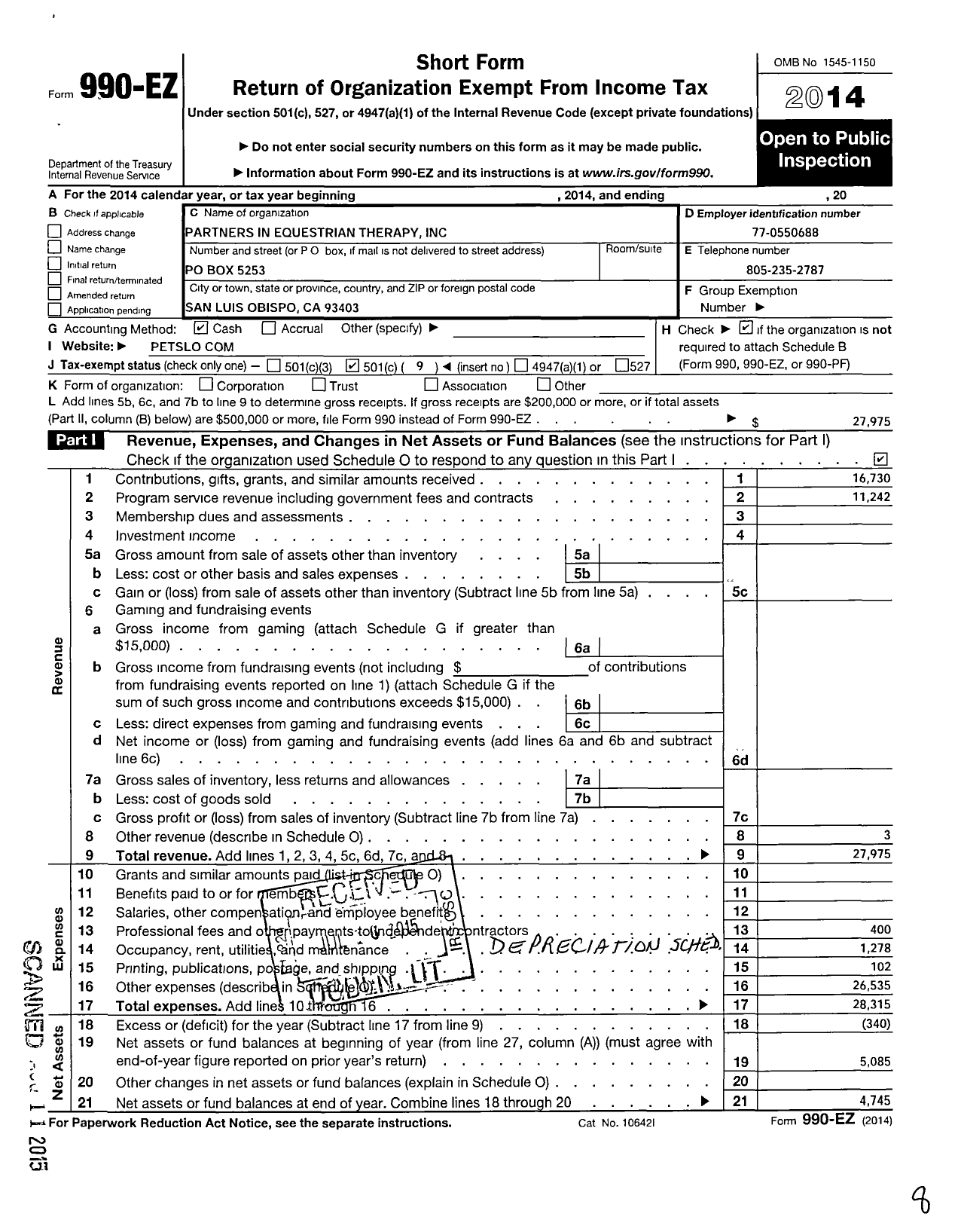 Image of first page of 2014 Form 990EO for Partners Equestrian Therapy