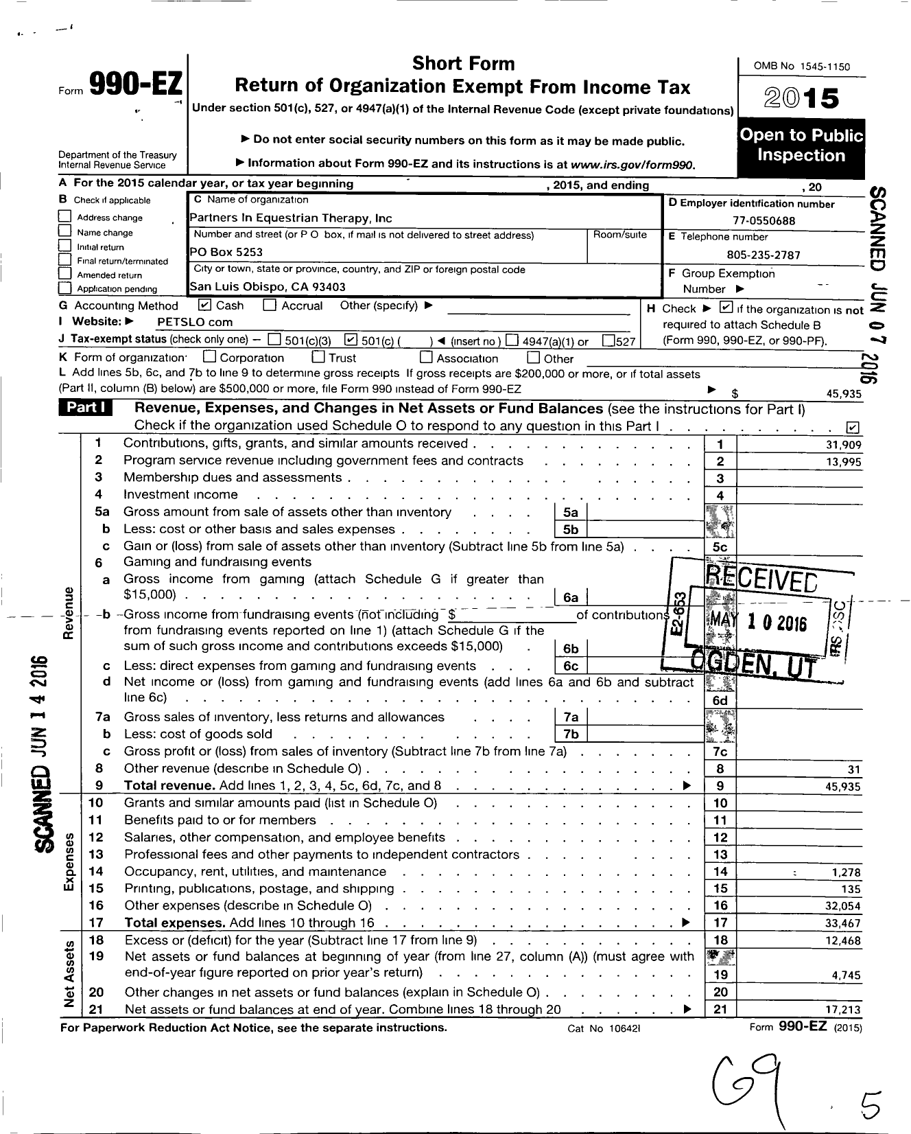 Image of first page of 2015 Form 990EO for Partners Equestrian Therapy