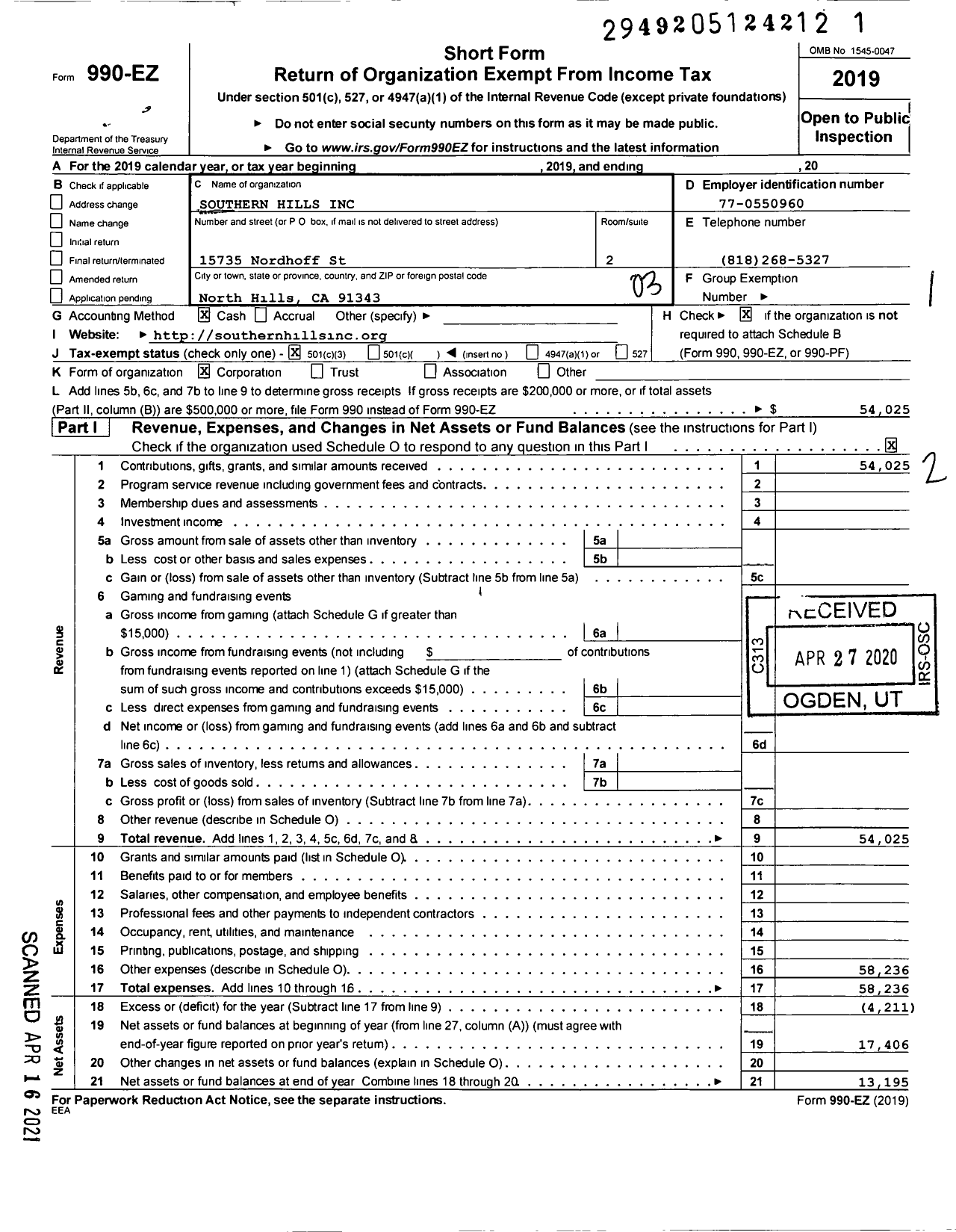 Image of first page of 2019 Form 990EZ for Southern Hills