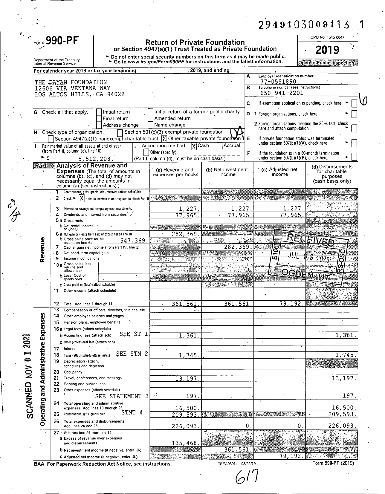 Image of first page of 2019 Form 990PF for The Dayan Foundation