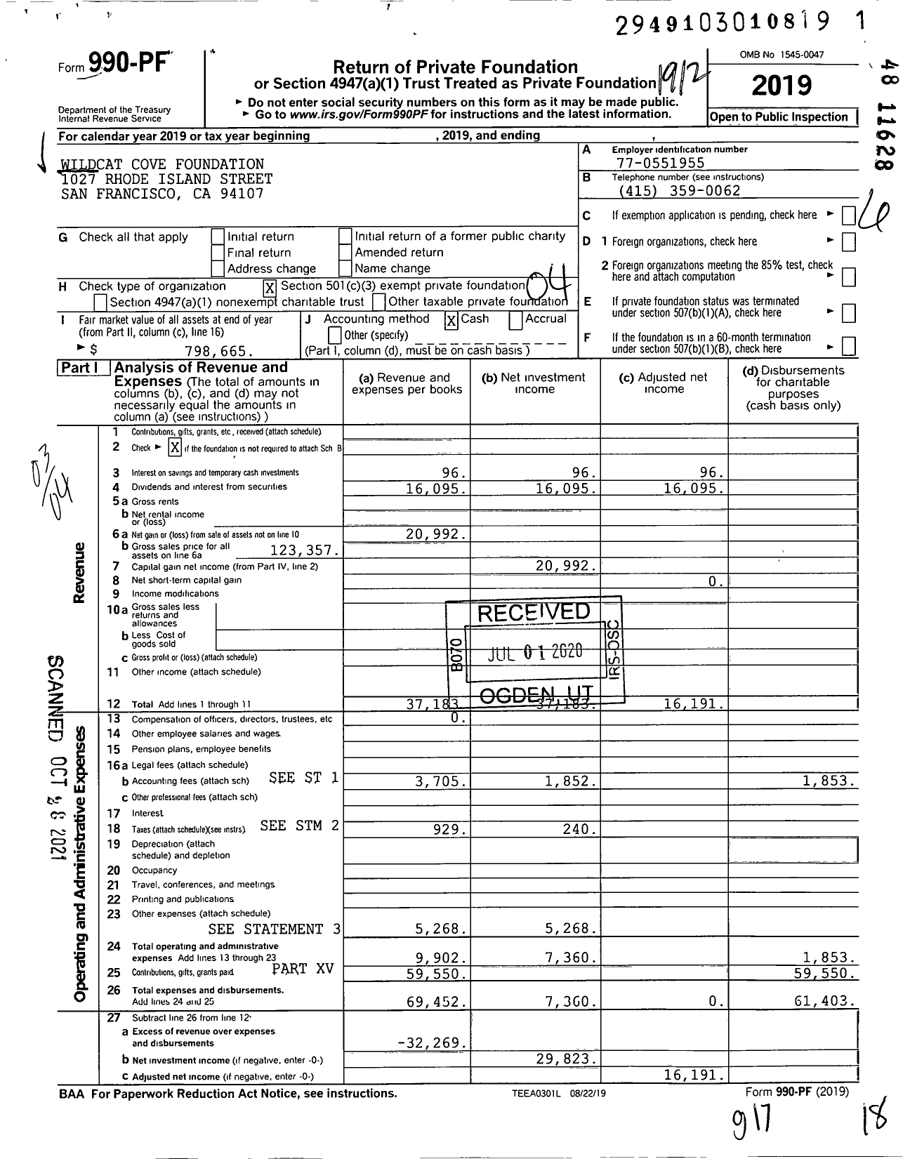 Image of first page of 2019 Form 990PF for Wildcat Cove Foundation