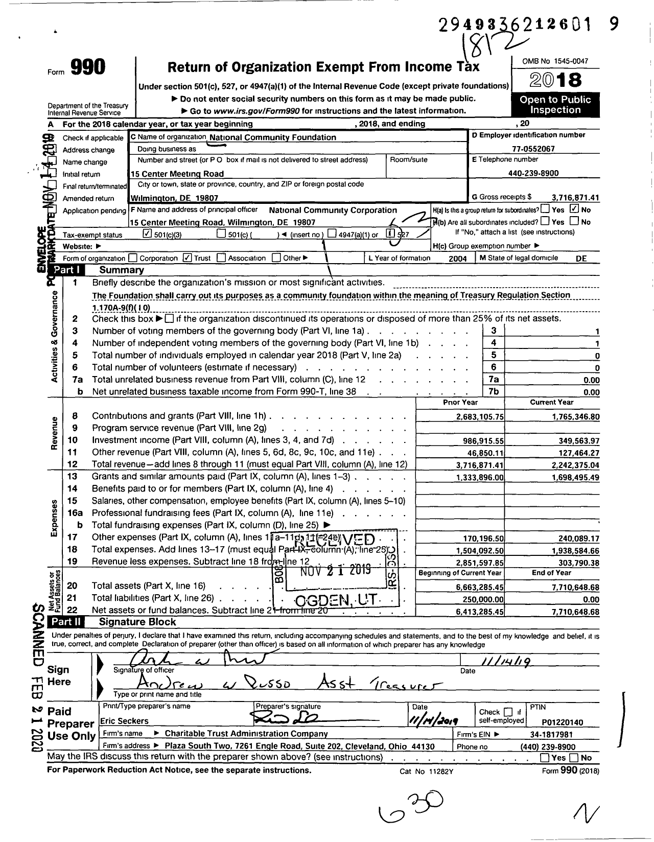 Image of first page of 2018 Form 990 for National Community Foundation