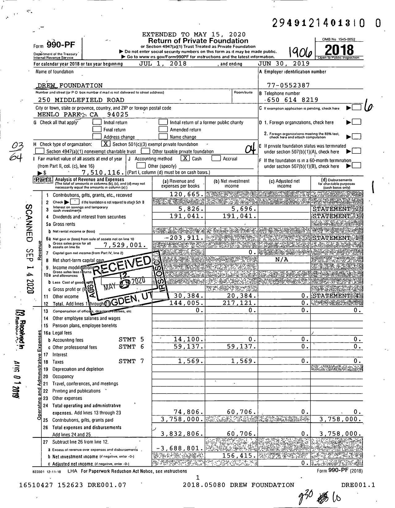 Image of first page of 2018 Form 990PR for Drew Foundation