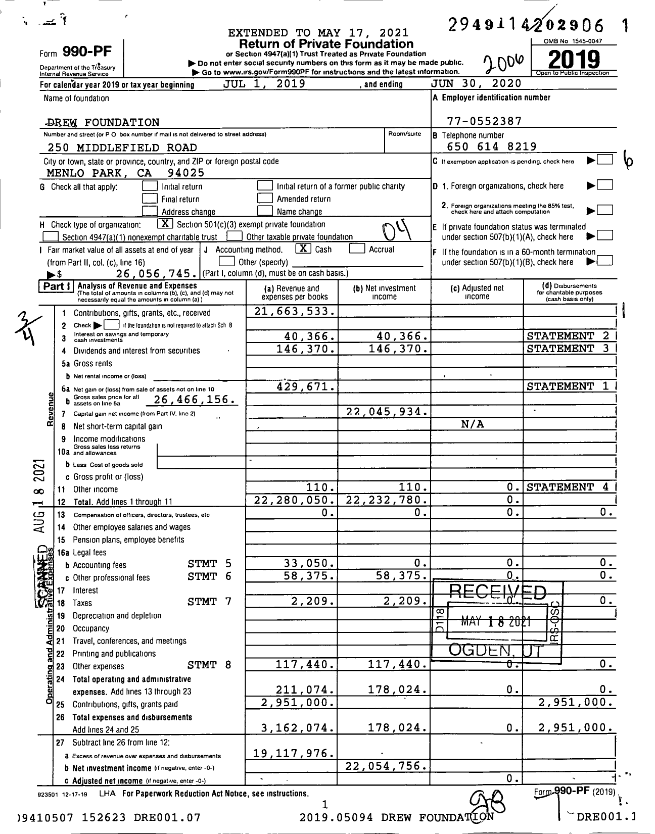 Image of first page of 2019 Form 990PF for Drew Foundation