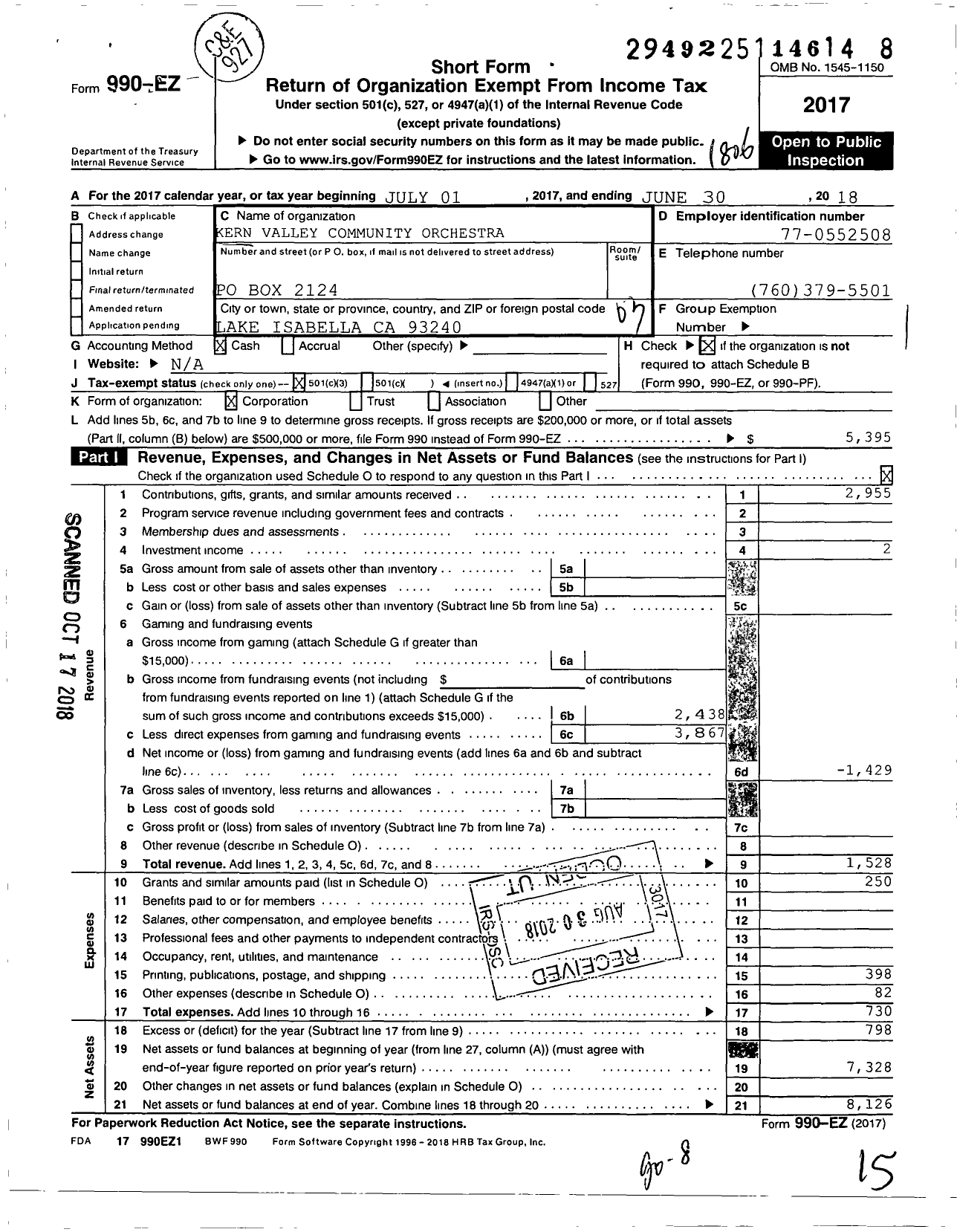 Image of first page of 2017 Form 990EZ for Kern Valley Community Orchestra