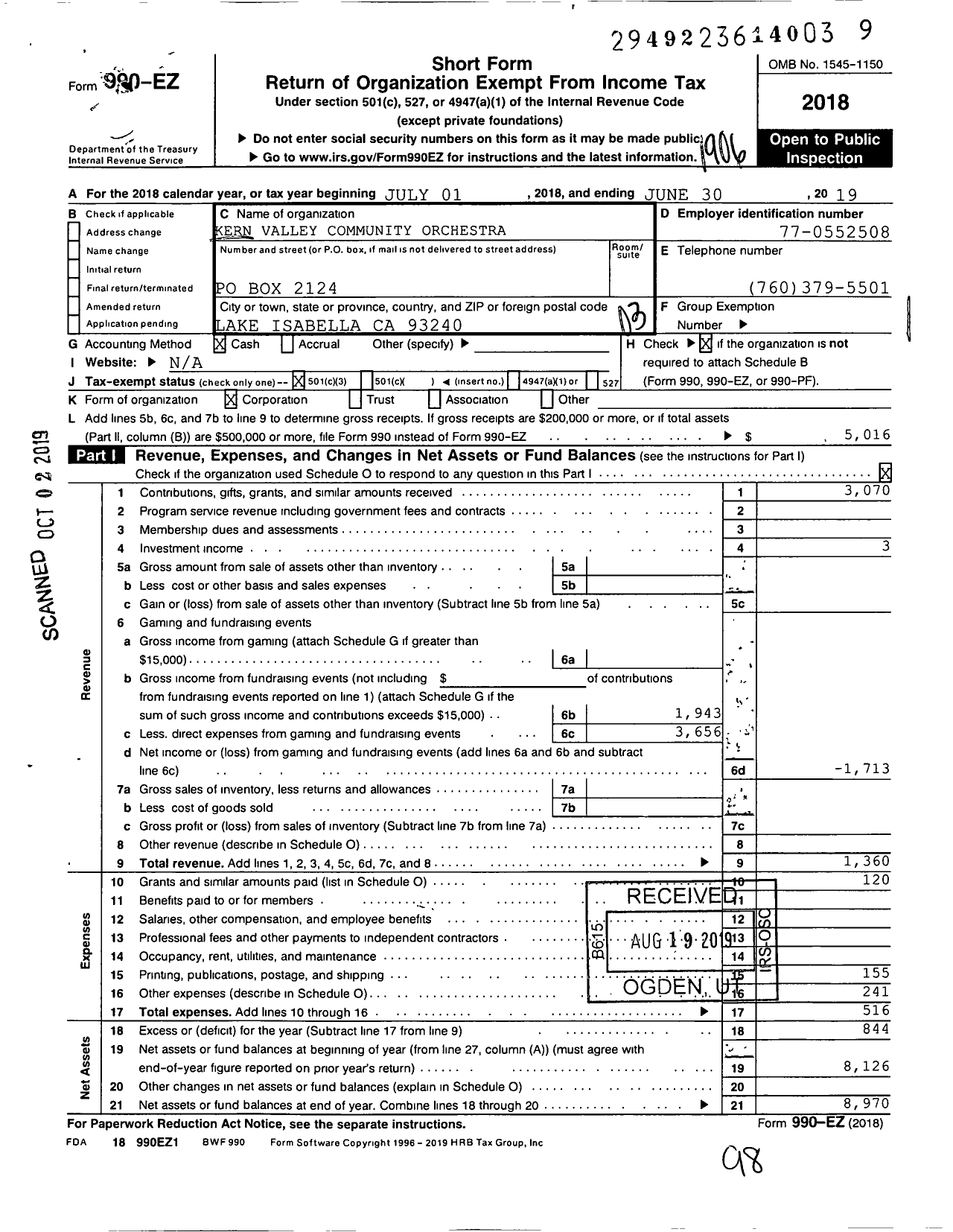 Image of first page of 2018 Form 990EZ for Kern Valley Community Orchestra