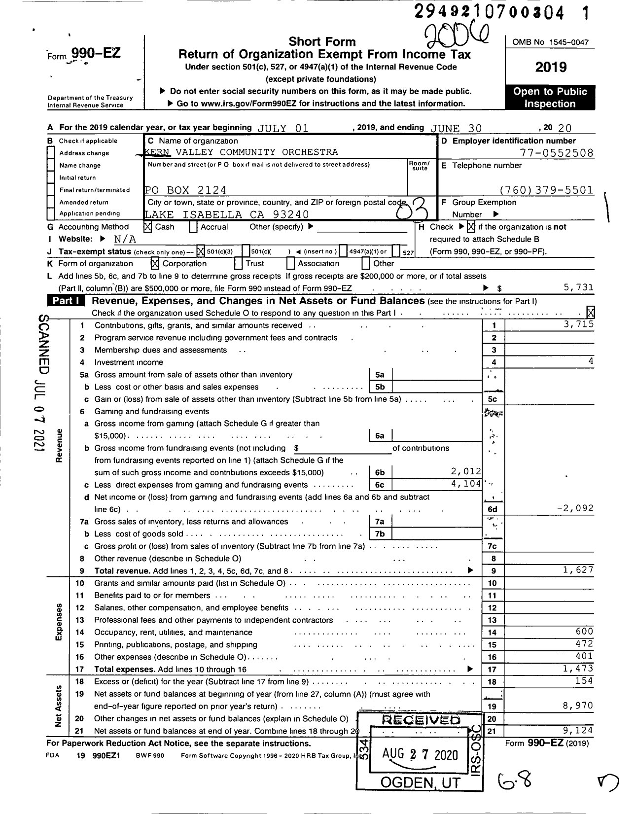 Image of first page of 2019 Form 990EZ for Kern Valley Community Orchestra