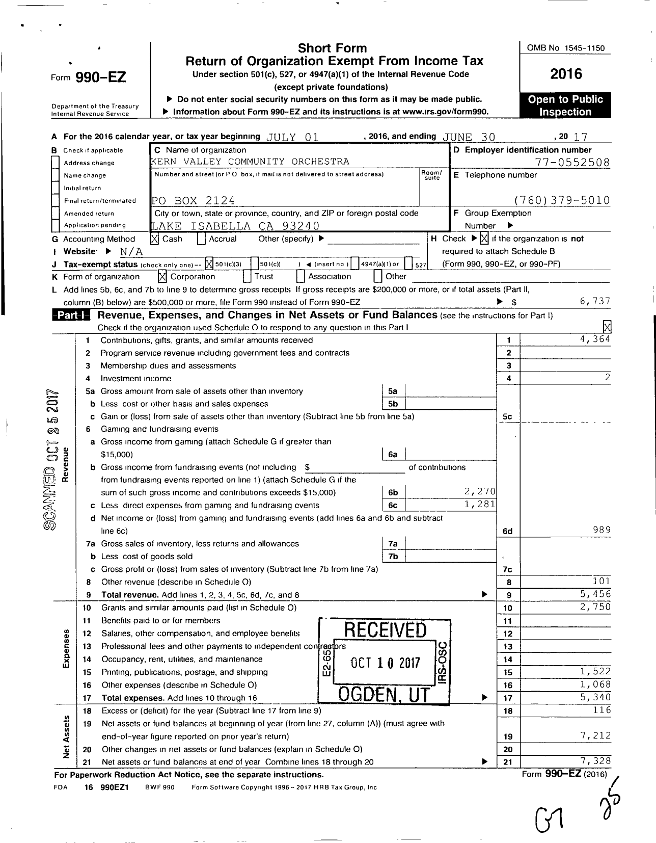 Image of first page of 2016 Form 990EZ for Kern Valley Community Orchestra