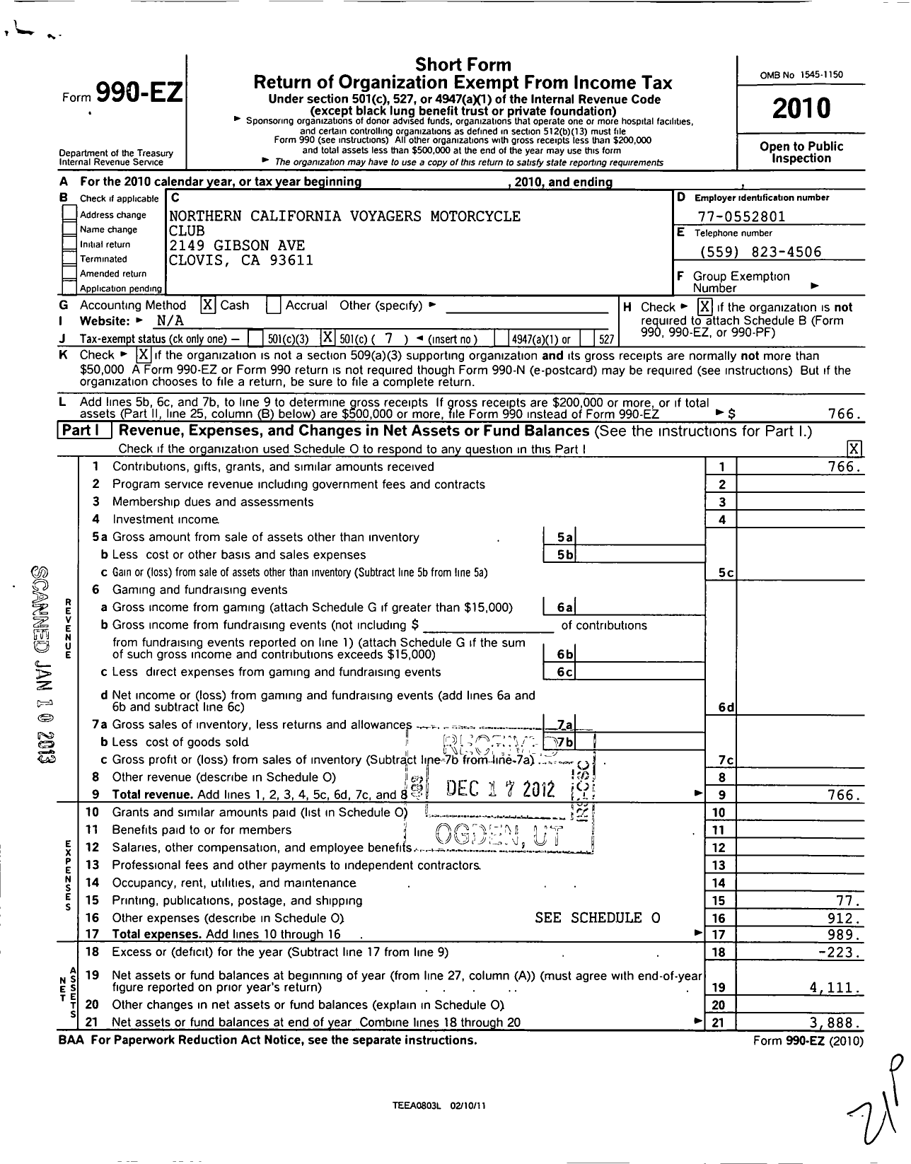 Image of first page of 2010 Form 990EO for Northern California Voyagers Motorcycle Club