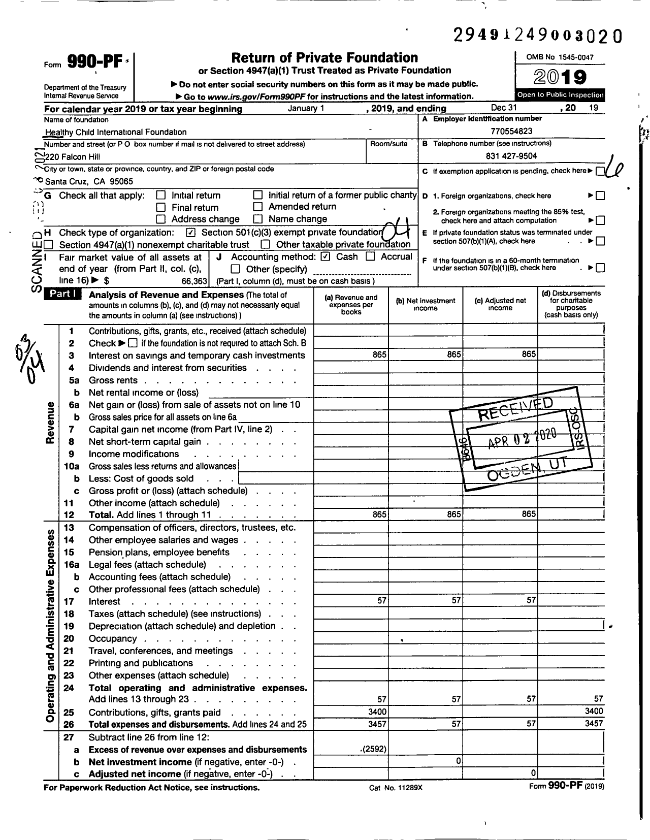 Image of first page of 2019 Form 990PF for Healthy Child International Foundation