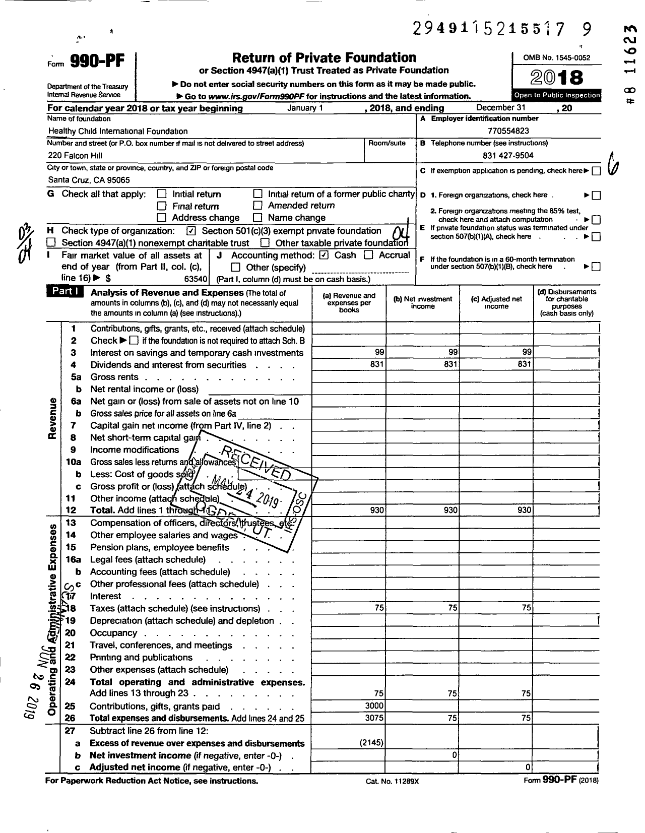 Image of first page of 2018 Form 990PF for Healthy Child International Foundation