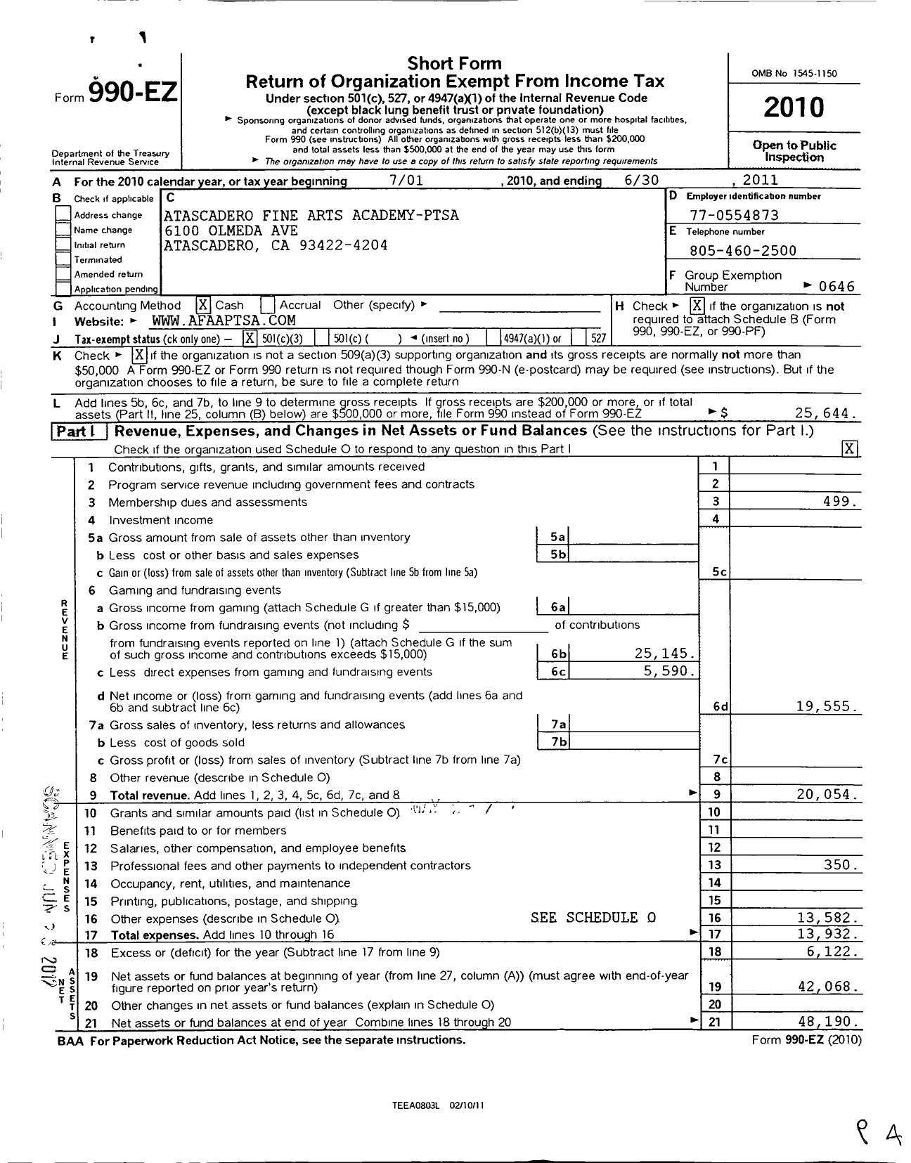 Image of first page of 2010 Form 990EZ for California State PTA - Atascadero Fine Arts Academy Ptsa