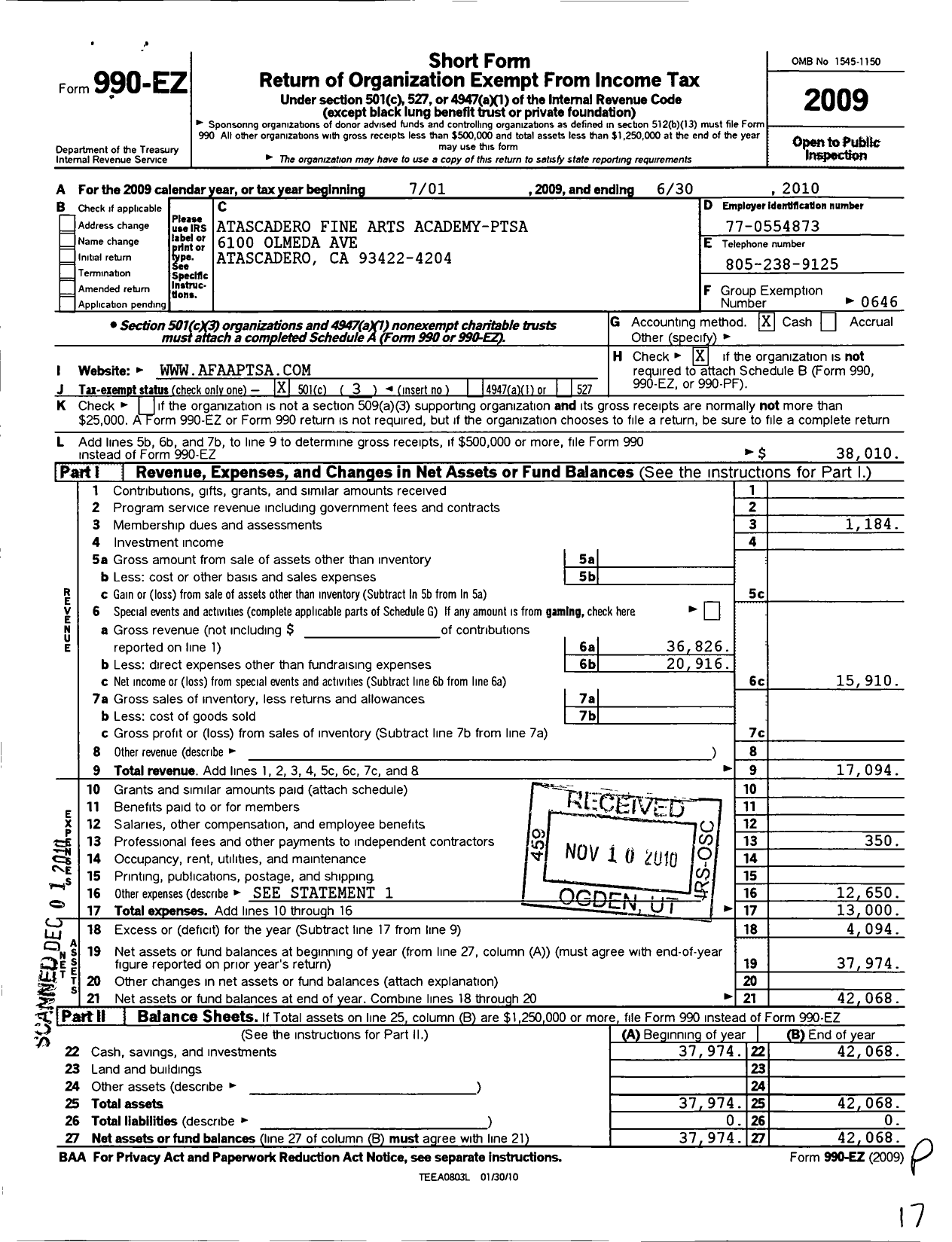 Image of first page of 2009 Form 990EZ for California State PTA - Atascadero Fine Arts Academy Ptsa