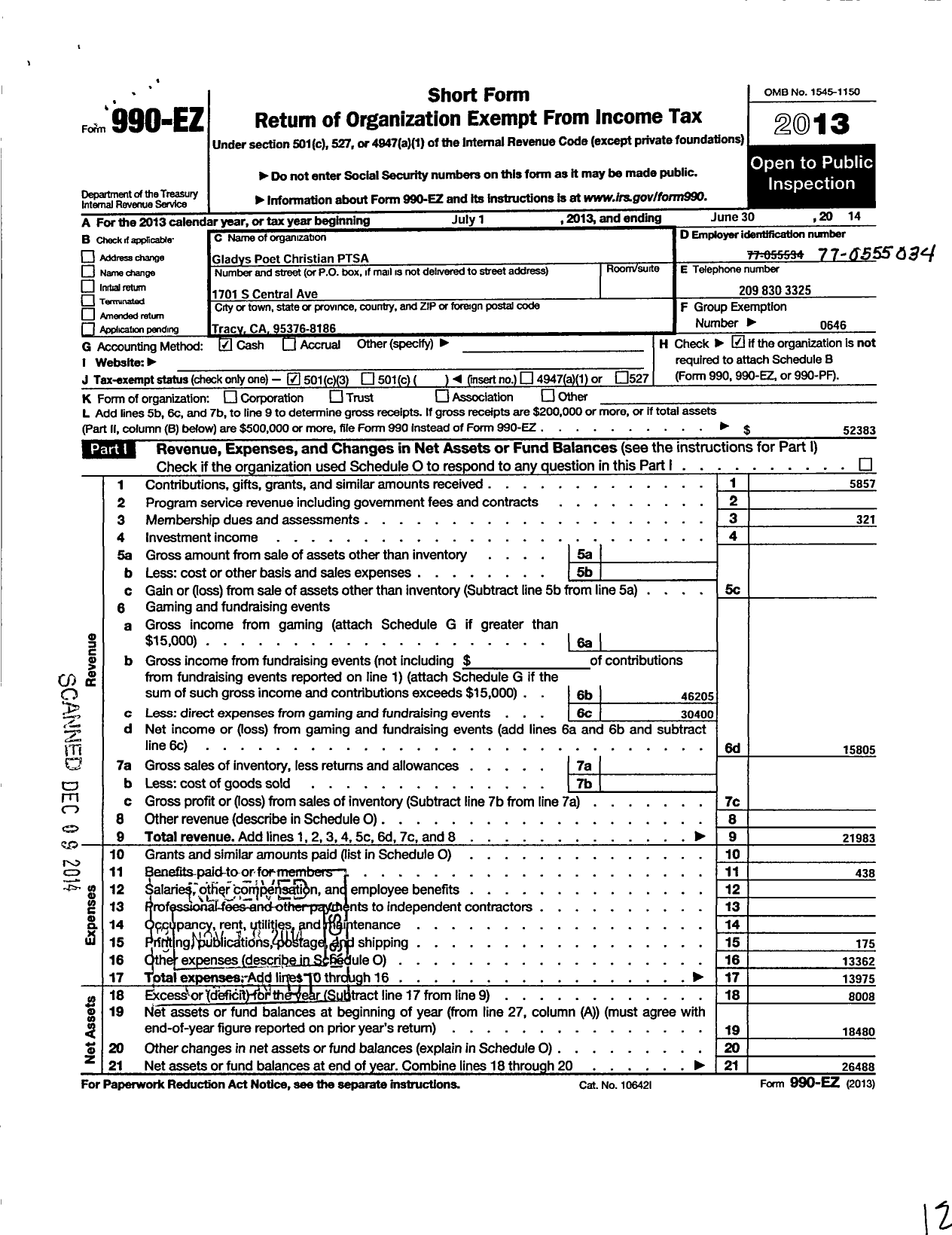 Image of first page of 2013 Form 990EZ for California State PTA - Poet Christian Ptsa