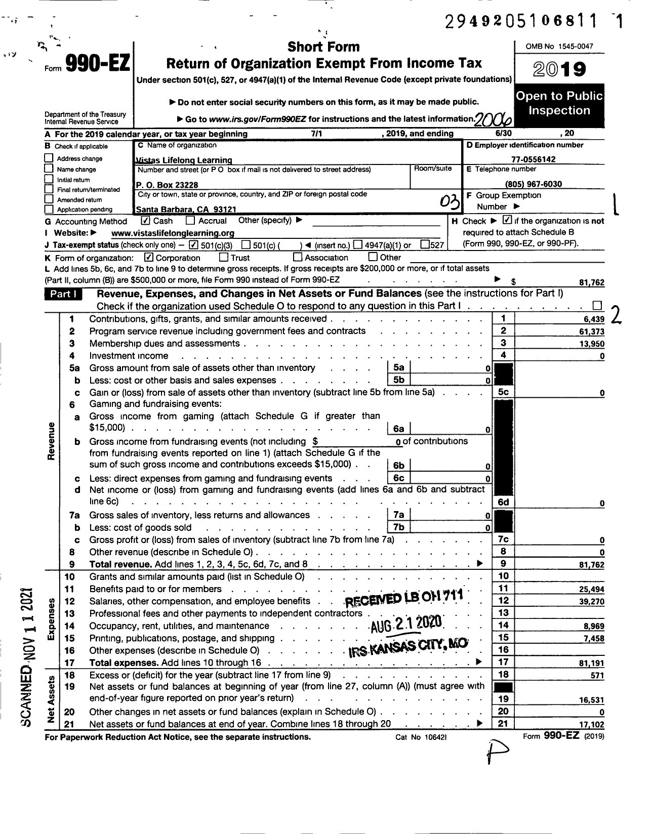 Image of first page of 2019 Form 990EZ for Vistas Lifelong Learning