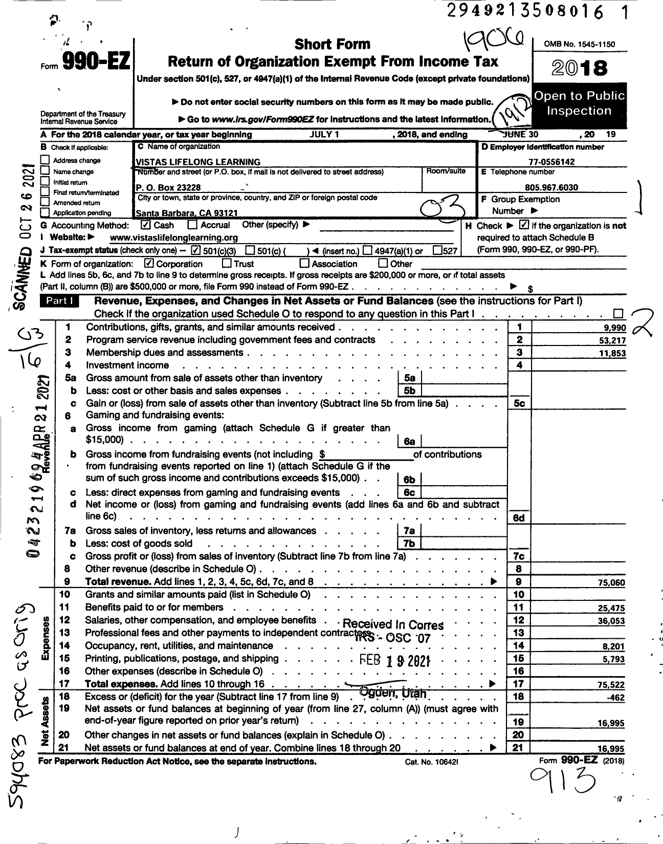 Image of first page of 2018 Form 990EZ for Vistas Lifelong Learning