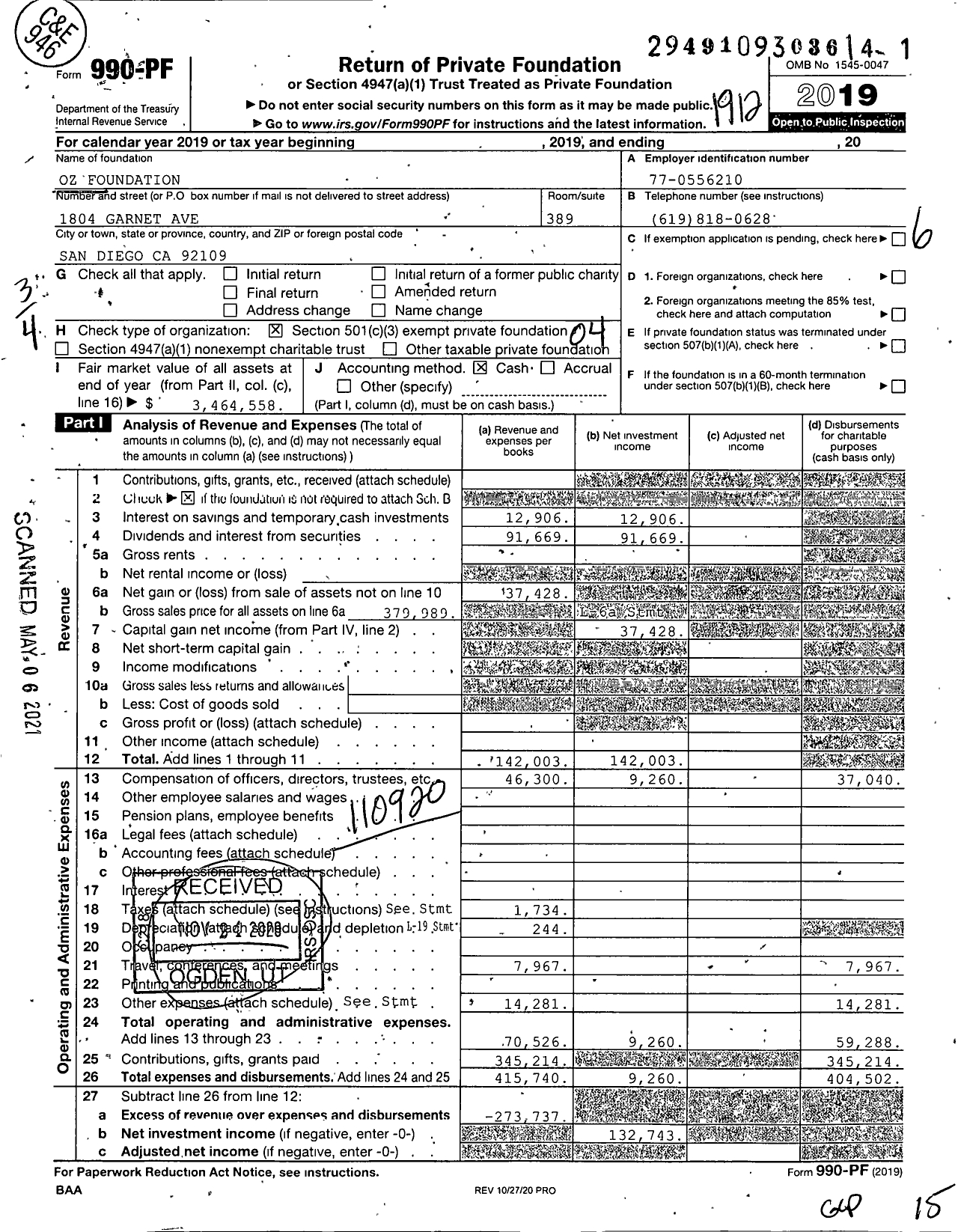 Image of first page of 2019 Form 990PF for Oz Foundation