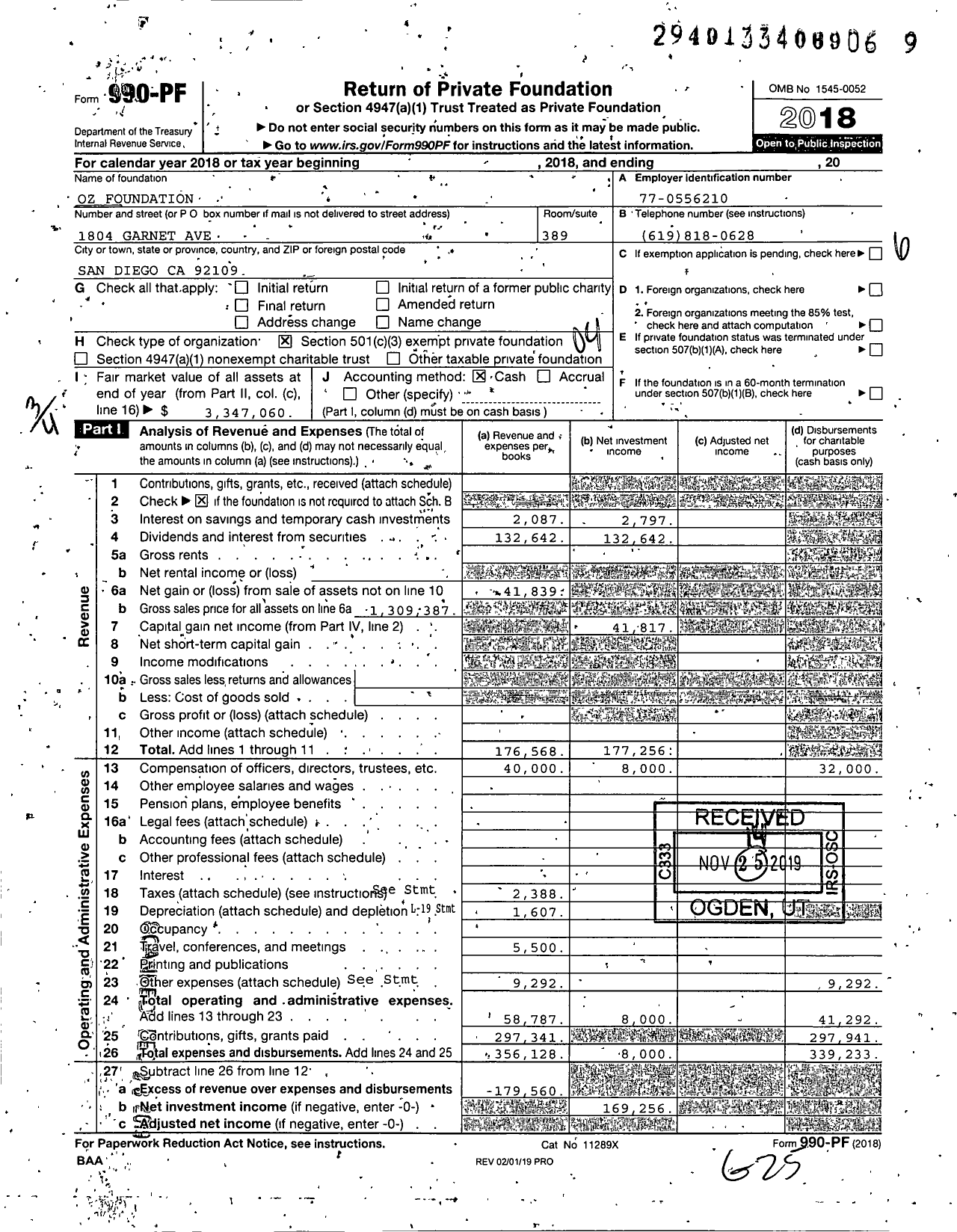 Image of first page of 2018 Form 990PF for Oz Foundation