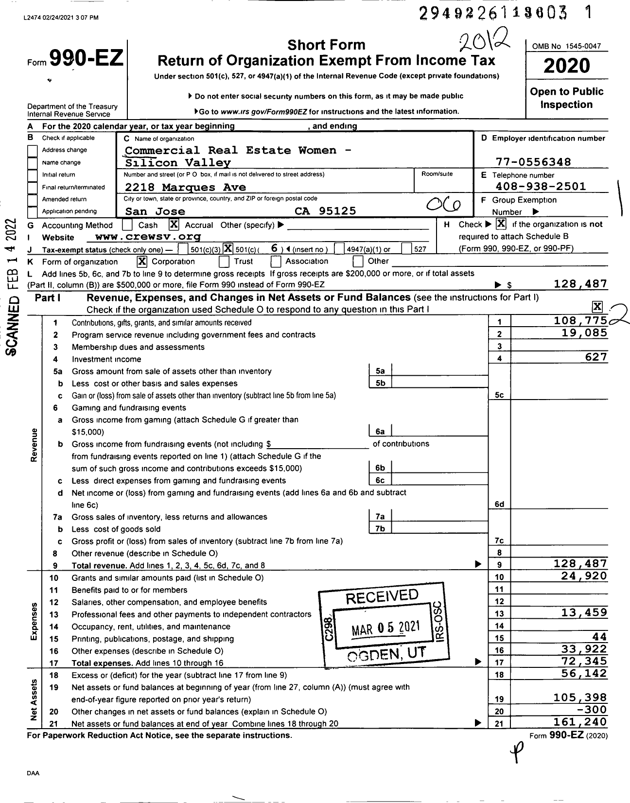 Image of first page of 2020 Form 990EO for Commercial Real Estate Women - Silicon Valley