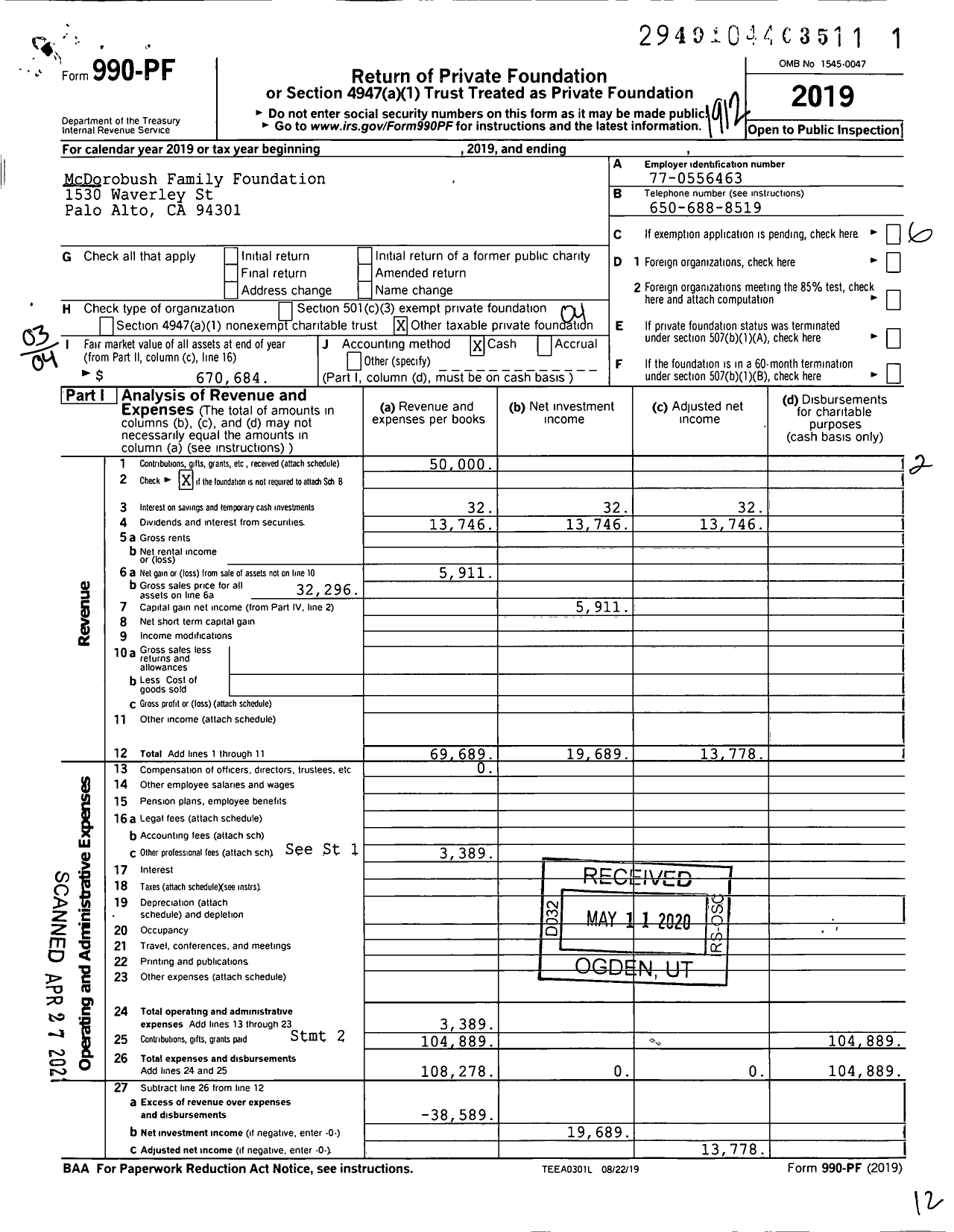 Image of first page of 2019 Form 990PF for McDorobush Family Foundation