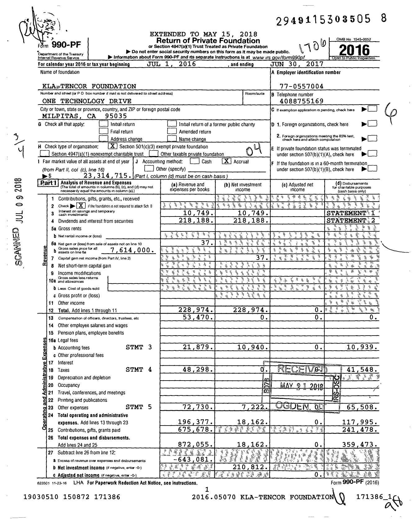 Image of first page of 2016 Form 990PF for KLA Foundation