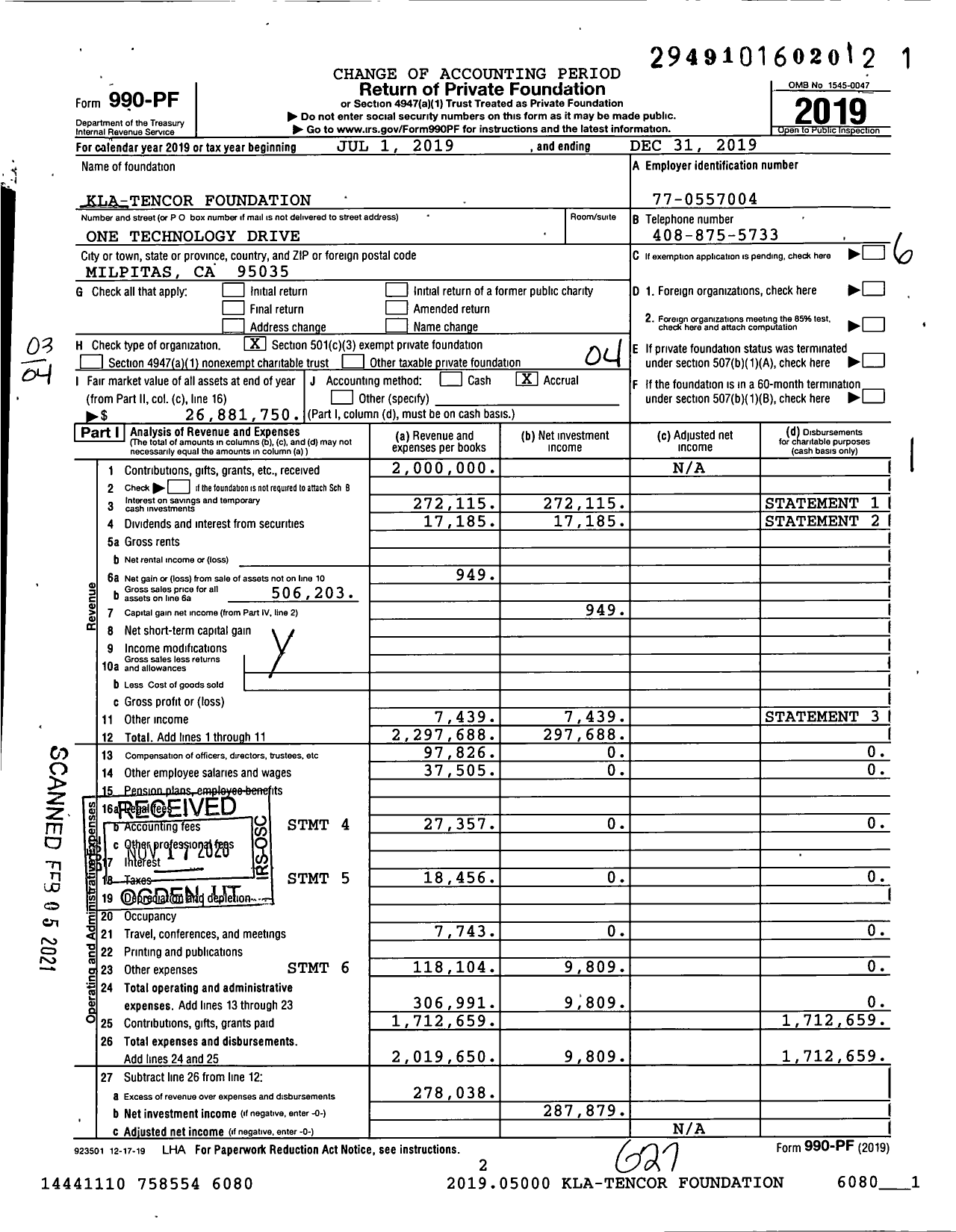 Image of first page of 2019 Form 990PF for KLA Foundation