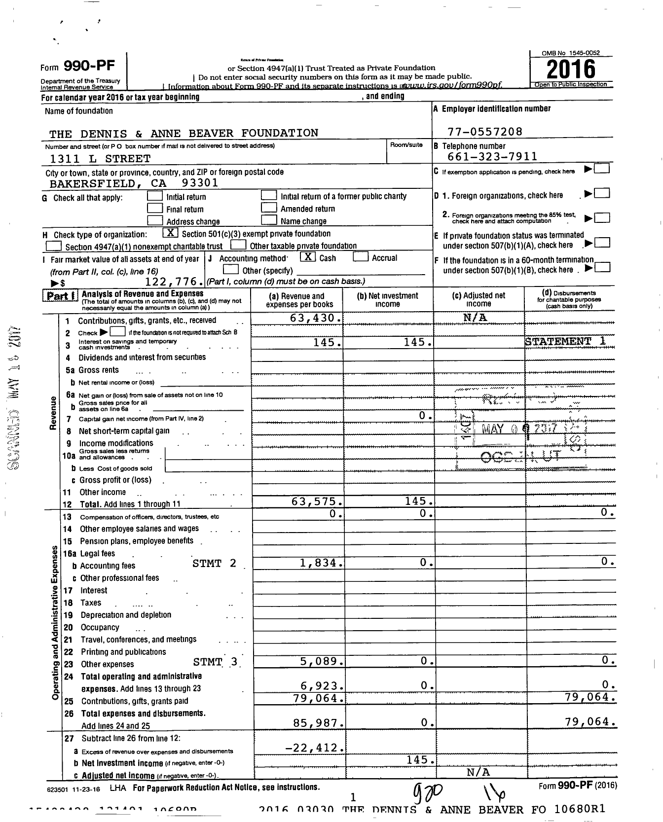 Image of first page of 2016 Form 990PF for The Dennis and Anne Beaver Foundation