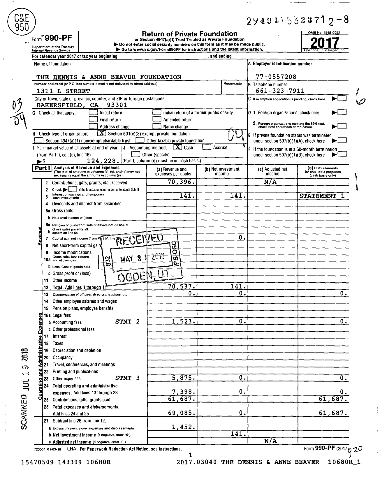 Image of first page of 2017 Form 990PF for The Dennis and Anne Beaver Foundation