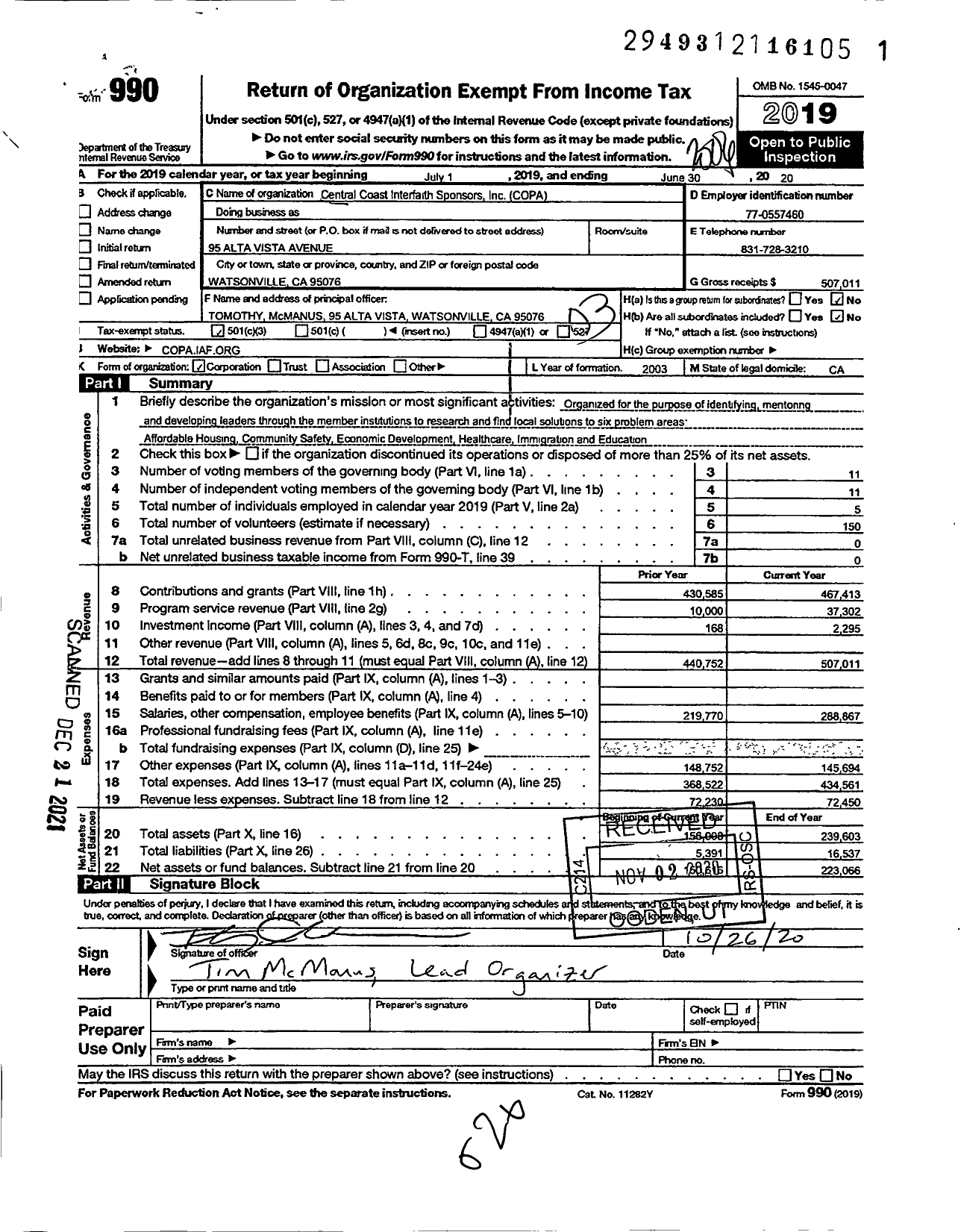 Image of first page of 2019 Form 990 for Central Coast Innerfaith Sponsors