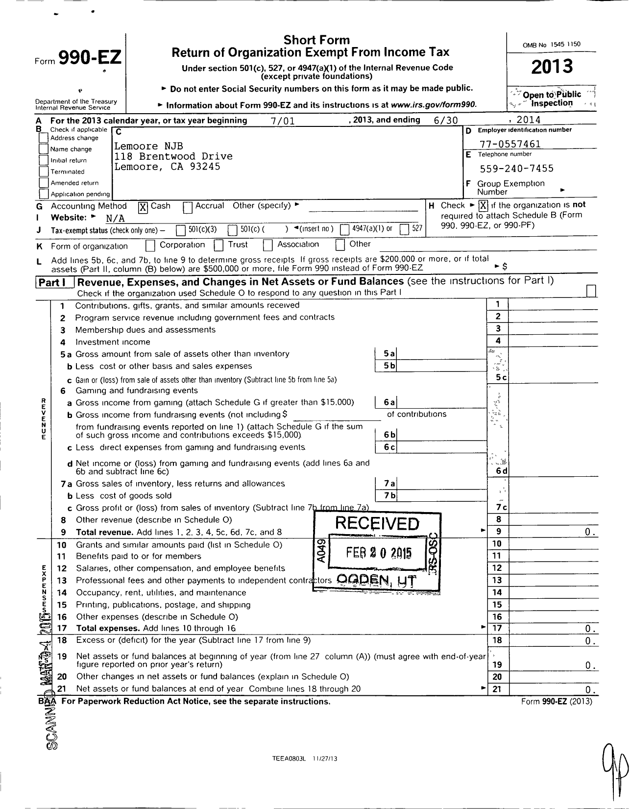 Image of first page of 2013 Form 990EO for National Junior Basketball / Lemoore N J B