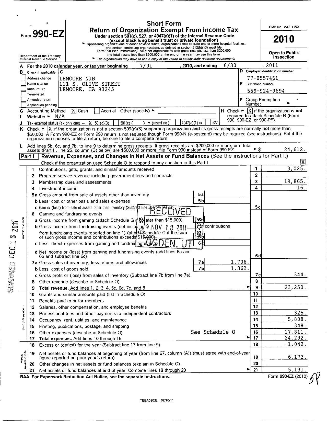 Image of first page of 2010 Form 990EZ for National Junior Basketball / Lemoore N J B