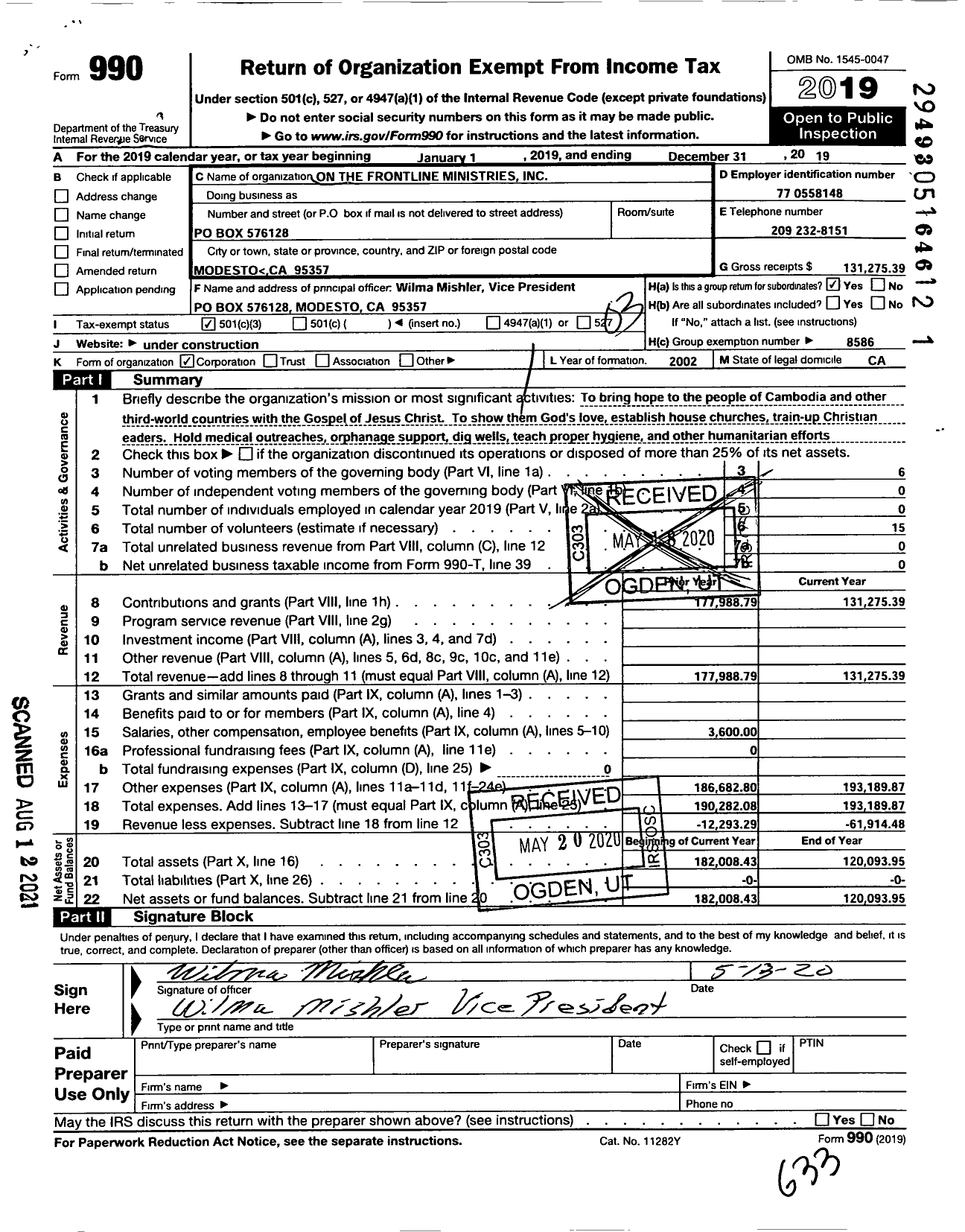 Image of first page of 2019 Form 990 for On the Frontline Ministries