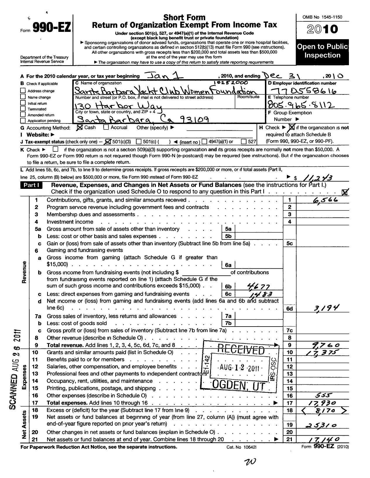 Image of first page of 2010 Form 990EZ for Santa Barbara Yacht Club Womens Foundation 10252000