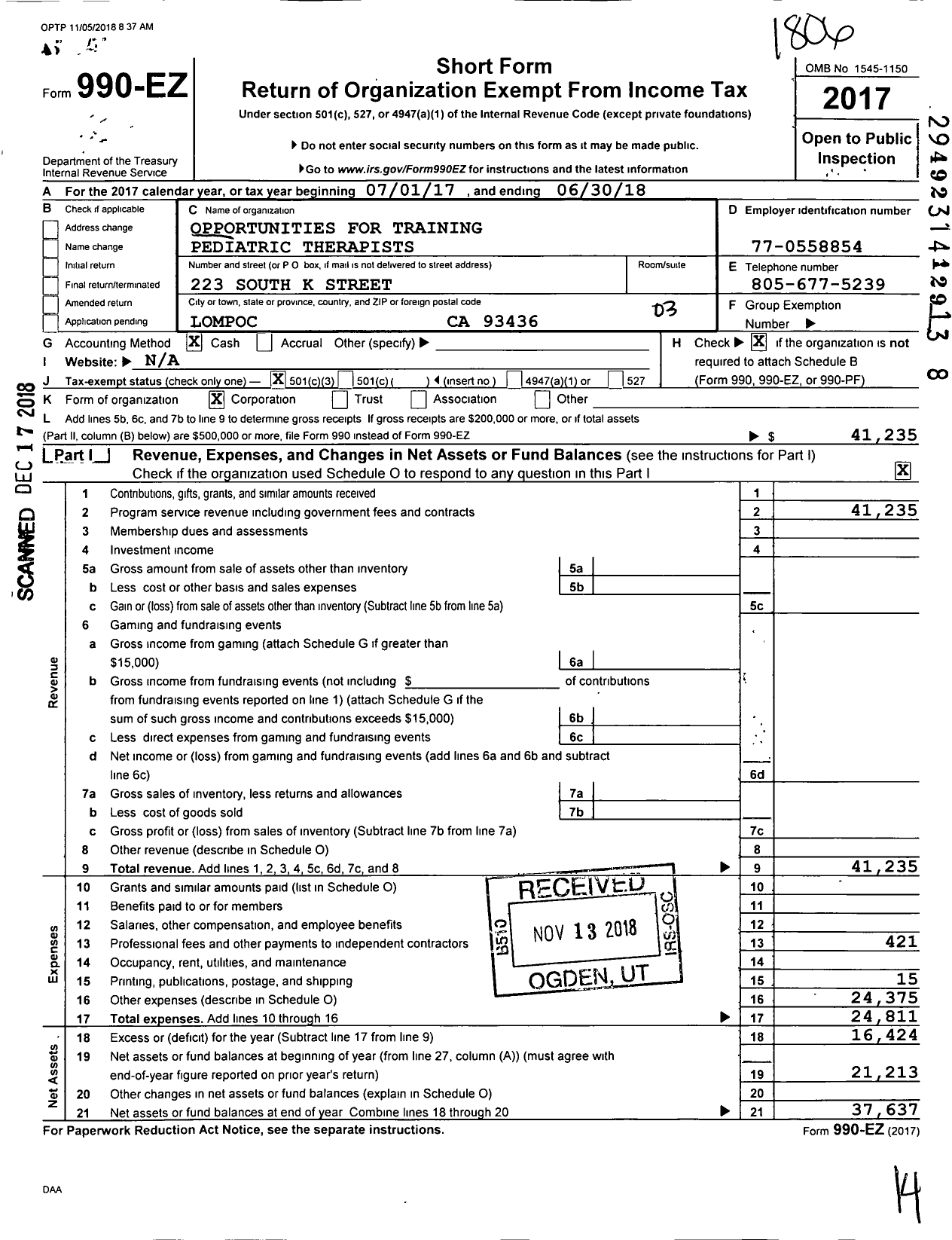 Image of first page of 2017 Form 990EZ for OPPORTUNITIES FOR TRAINING PEDIATRIC THERaPISTS