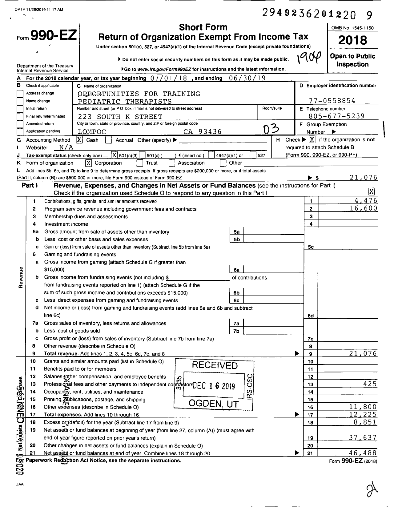 Image of first page of 2018 Form 990EZ for OPPORTUNITIES FOR TRAINING PEDIATRIC THERaPISTS