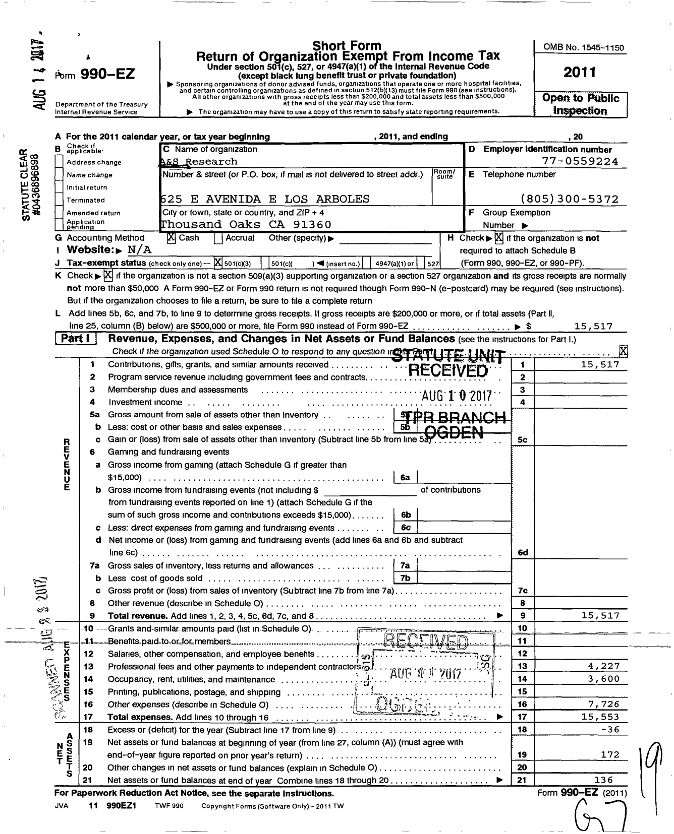 Image of first page of 2011 Form 990EZ for A and S Research A California Business Trust