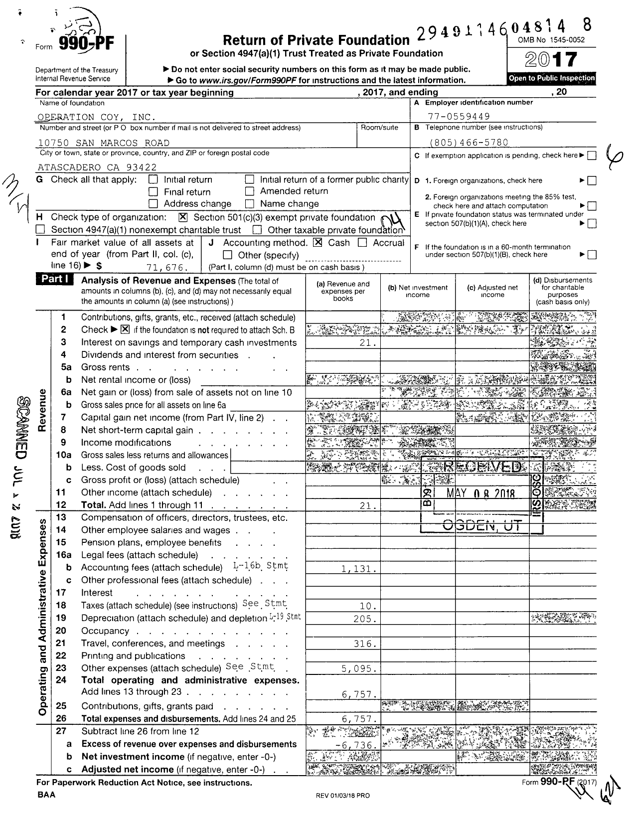 Image of first page of 2017 Form 990PF for Operation Coy