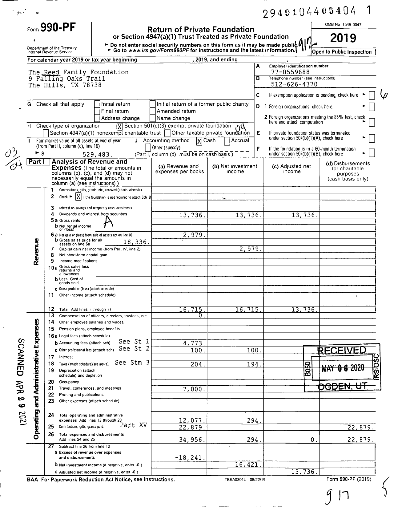 Image of first page of 2019 Form 990PF for The Reed Family Foundation The Reed Family Foundation