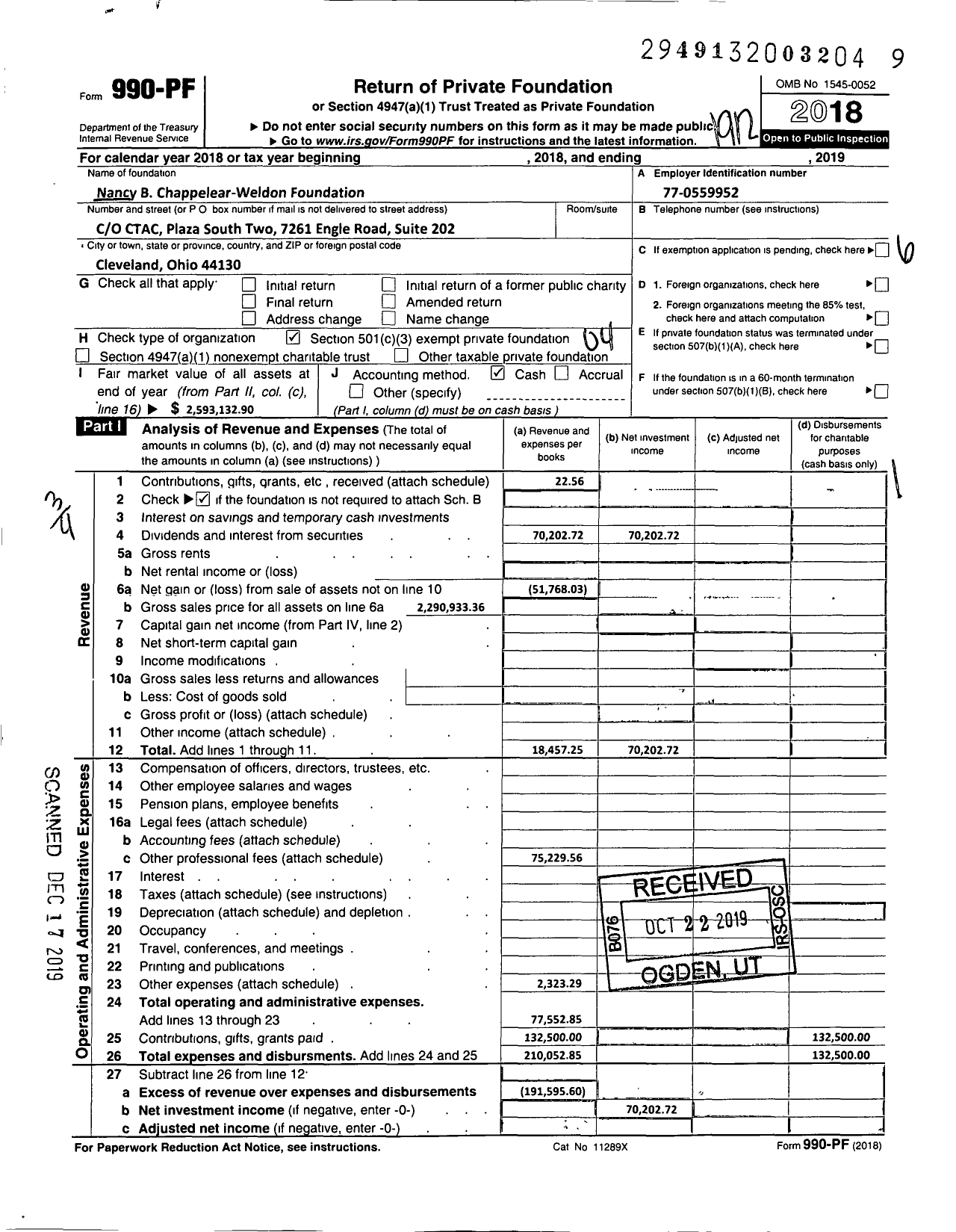 Image of first page of 2019 Form 990PF for Nancy B Chappelear-Weldon Foundation