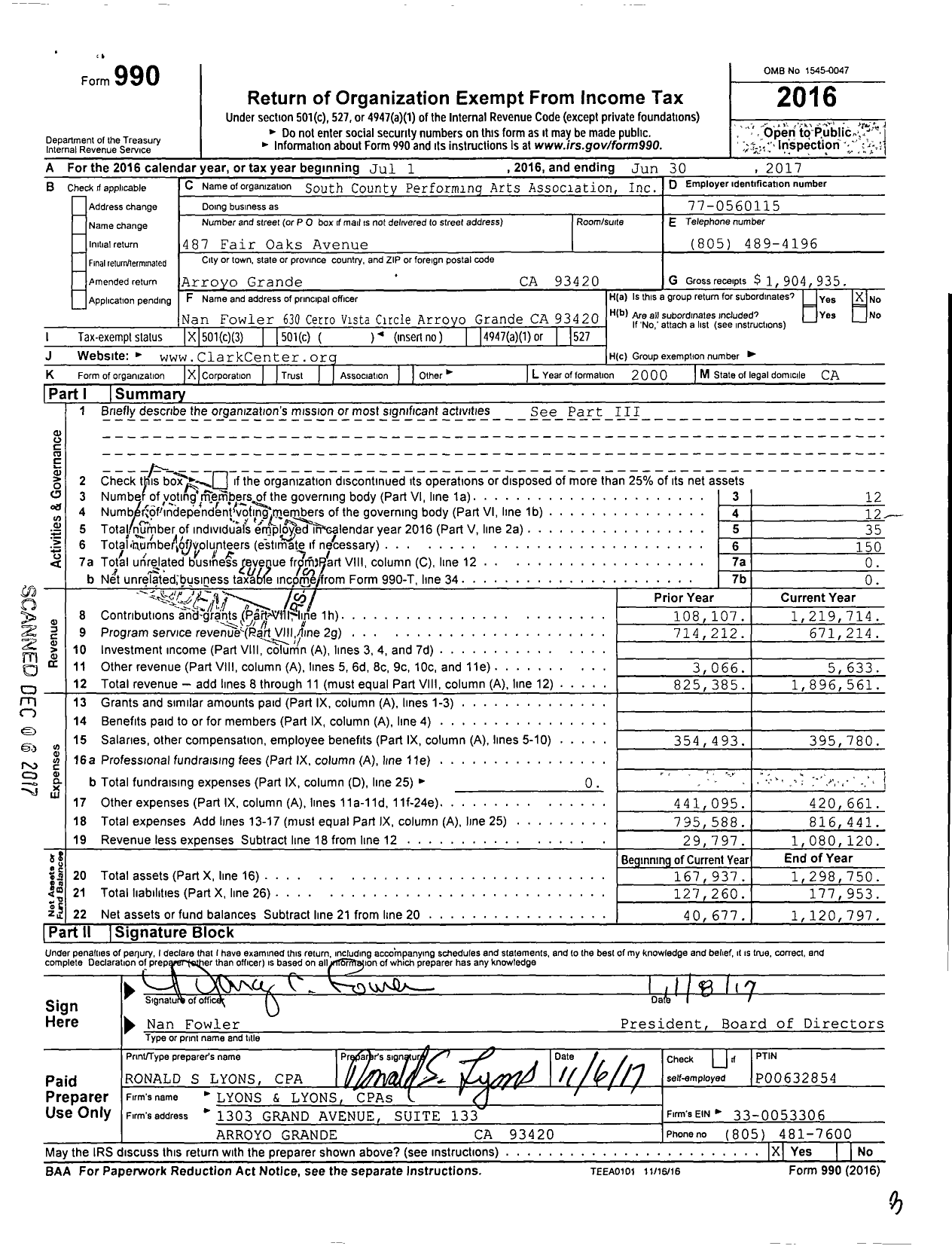 Image of first page of 2016 Form 990 for Clark Center for the Performing Arts