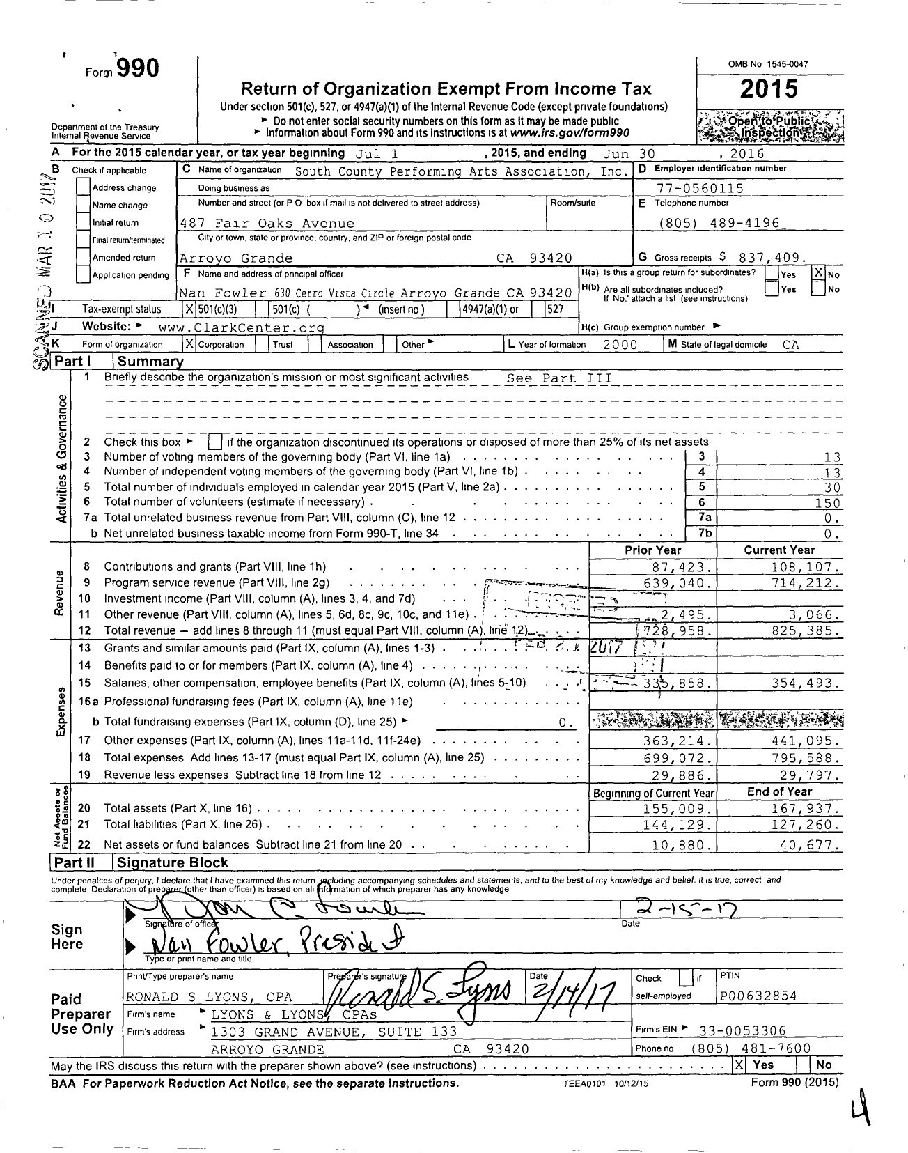 Image of first page of 2015 Form 990 for Clark Center for the Performing Arts