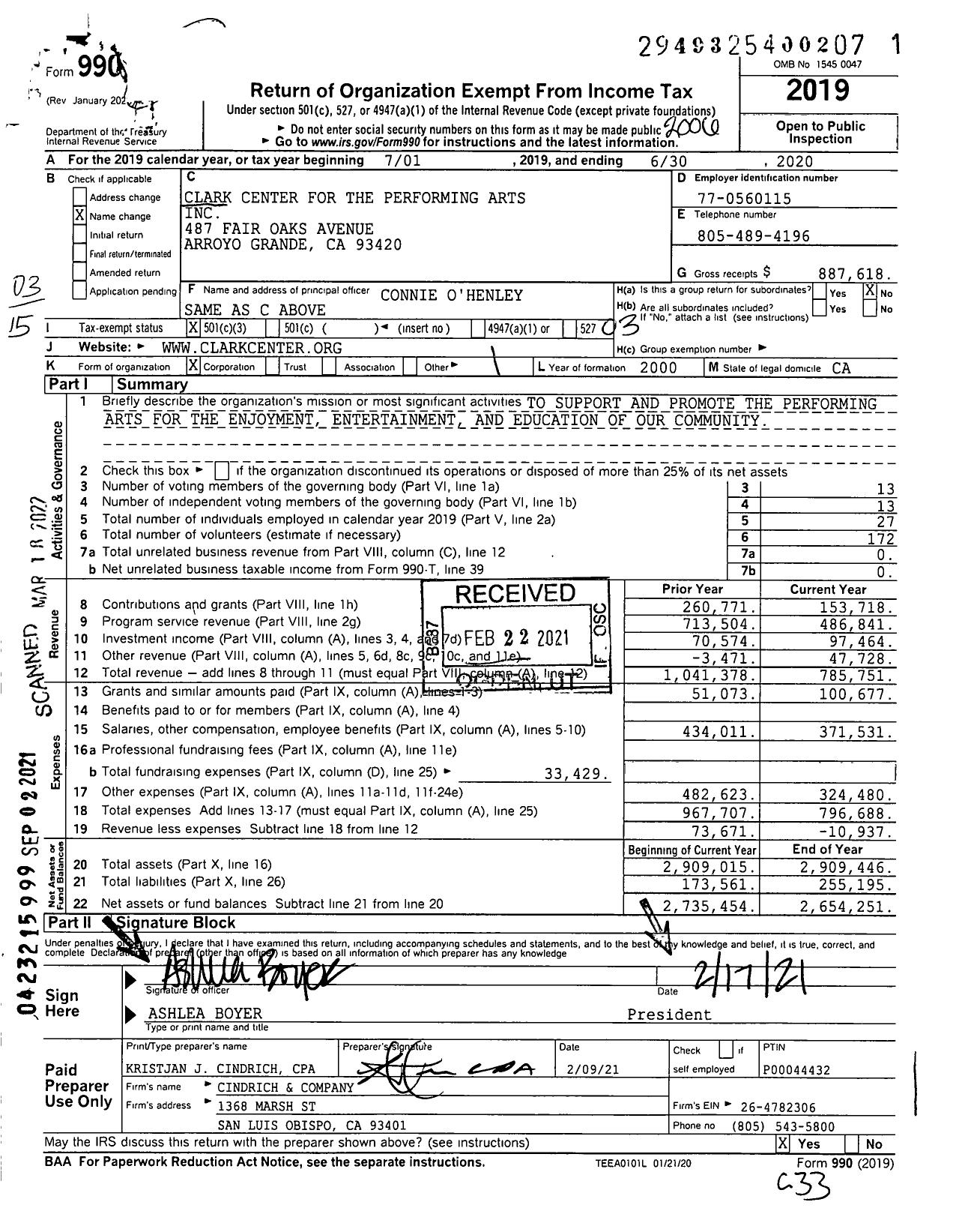 Image of first page of 2019 Form 990 for Clark Center for the Performing Arts