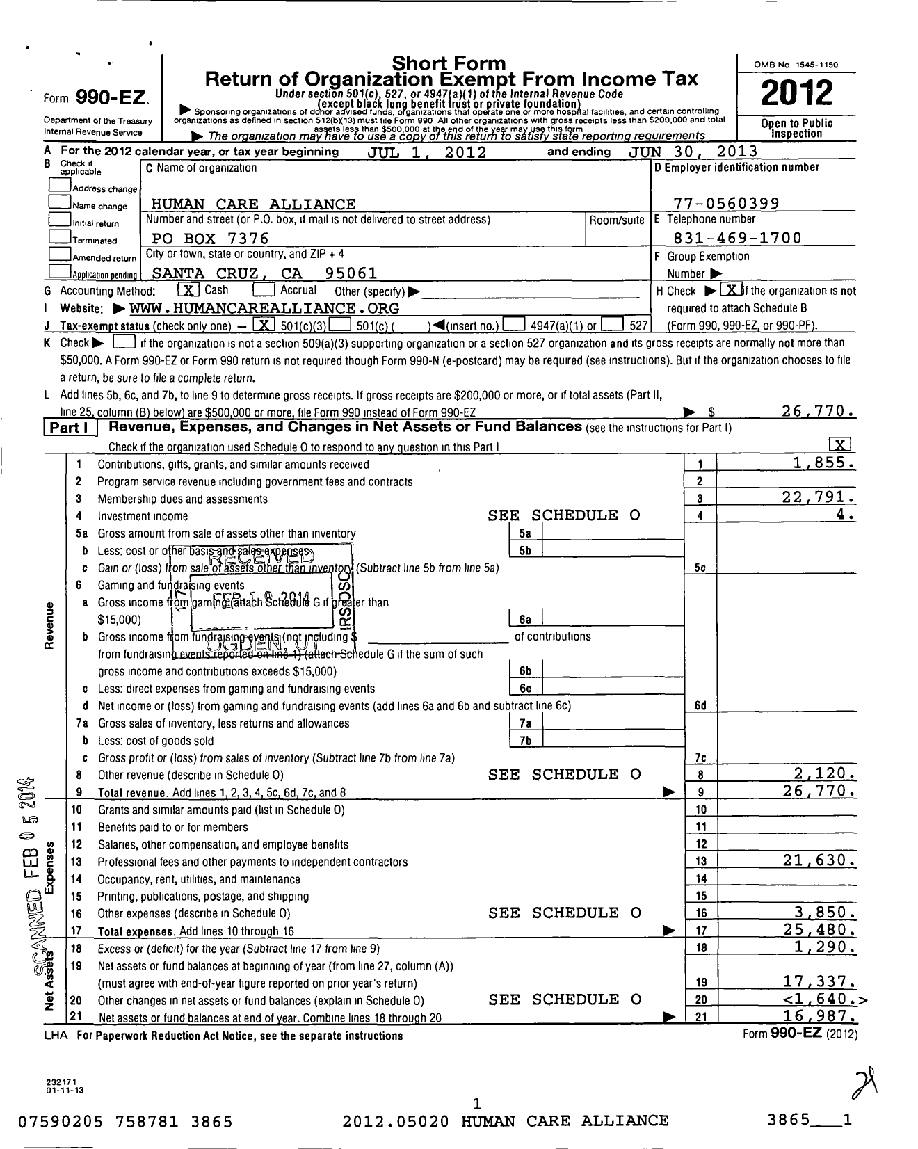 Image of first page of 2012 Form 990EZ for Human Care Alliance