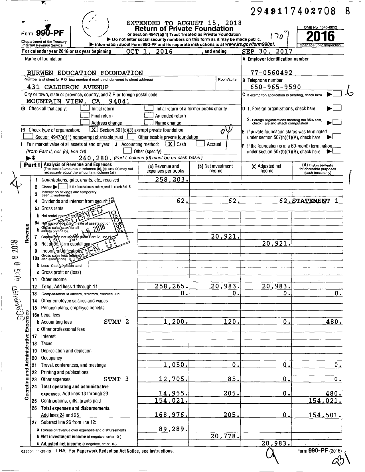 Image of first page of 2016 Form 990PF for Burwen Education Foundation