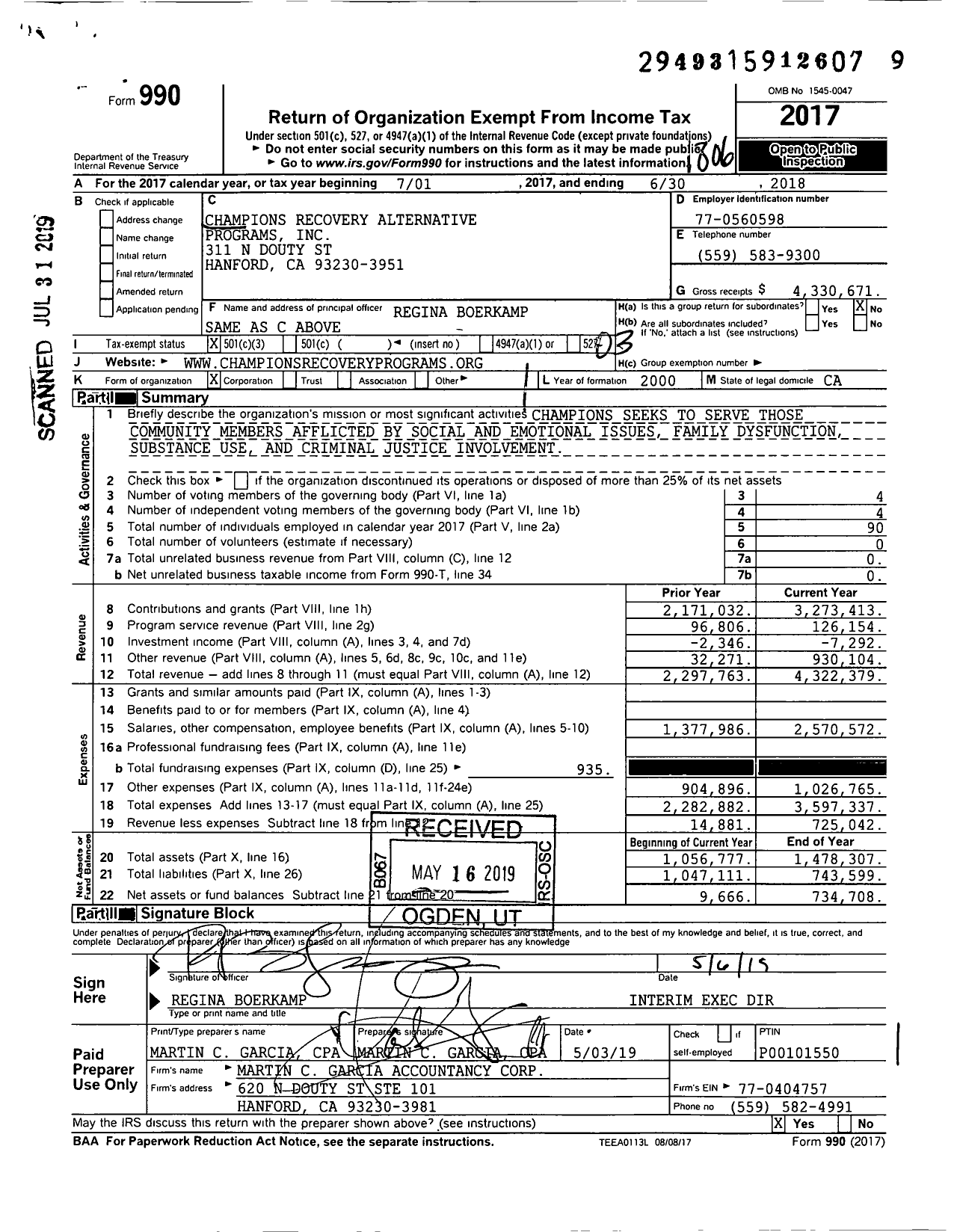 Image of first page of 2017 Form 990 for Champions Recovery Alternative Programs