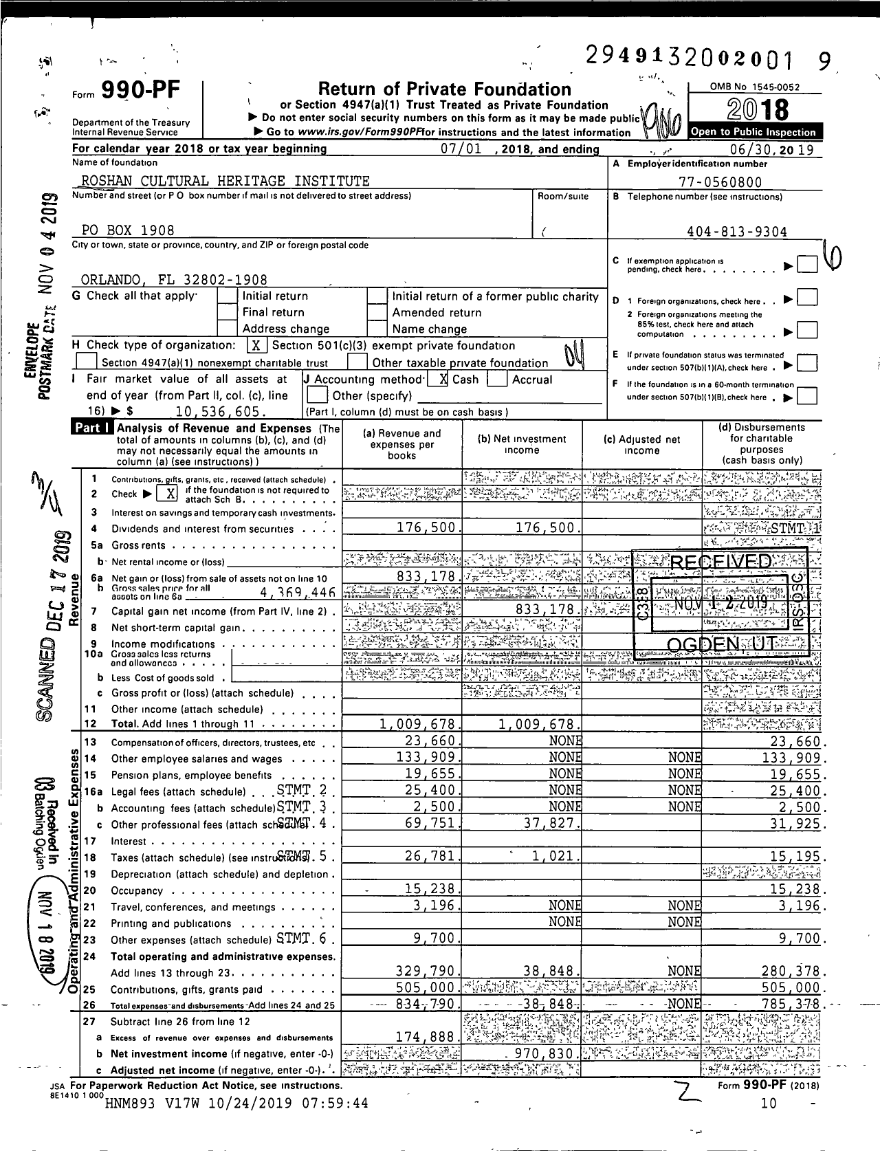 Image of first page of 2018 Form 990PF for Roshan Cultural Heritage Institute