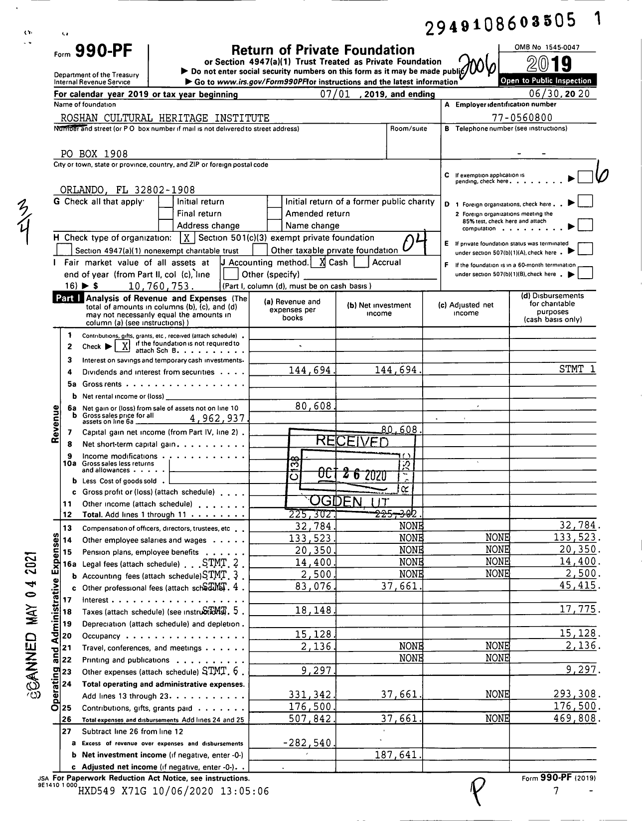 Image of first page of 2019 Form 990PF for Roshan Cultural Heritage Institute