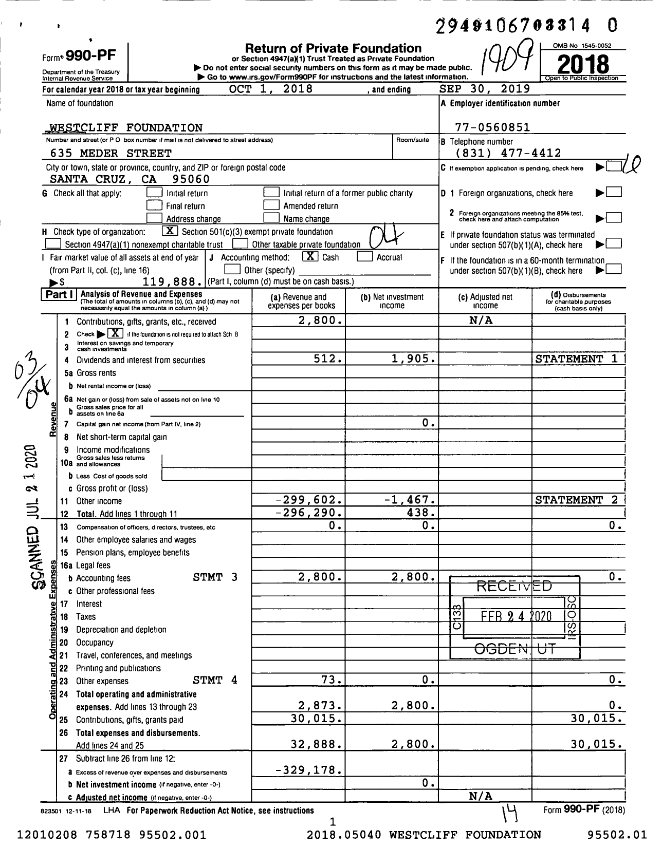 Image of first page of 2018 Form 990PR for Westcliff Foundation