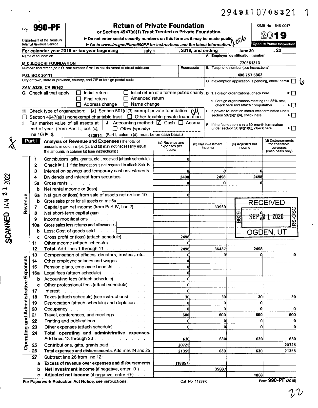 Image of first page of 2019 Form 990PF for M and K Ouchi Foundation