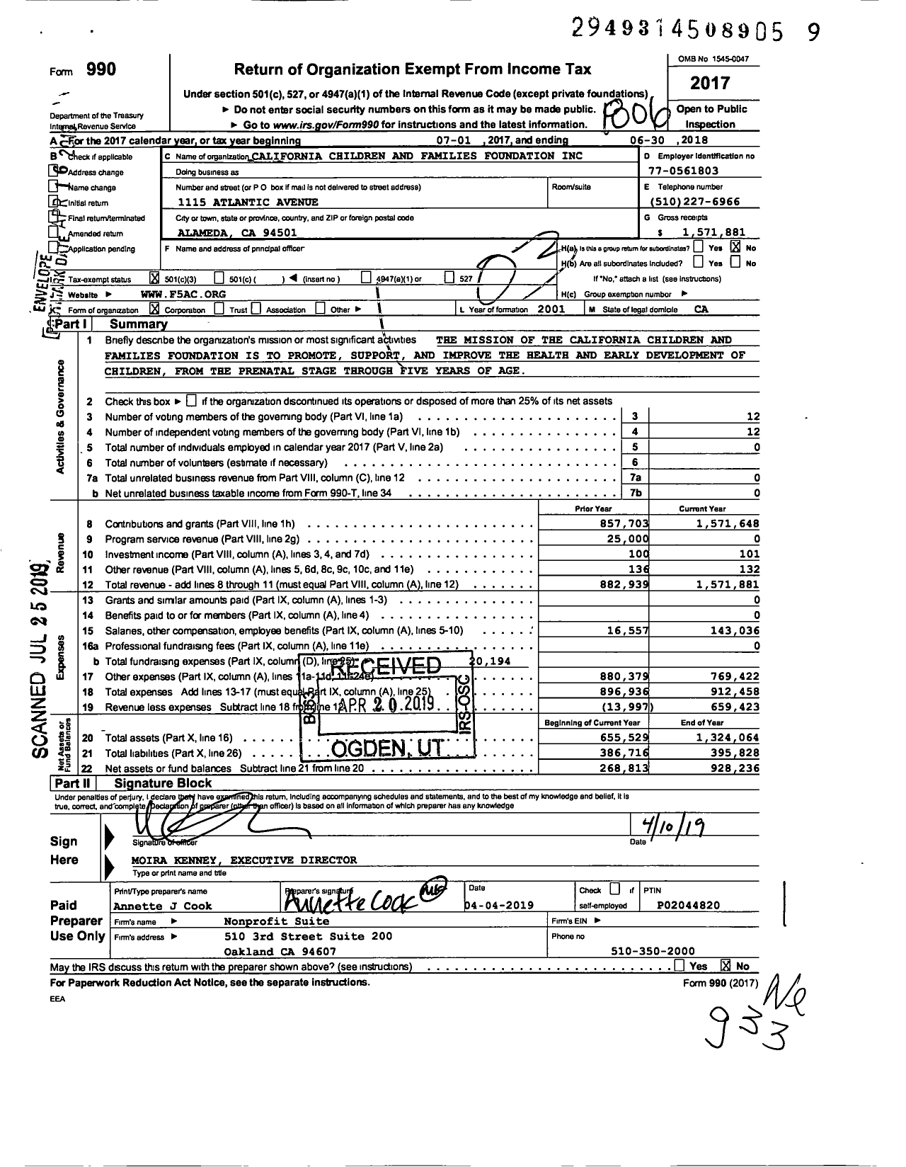 Image of first page of 2017 Form 990 for California Children and Families Foundation